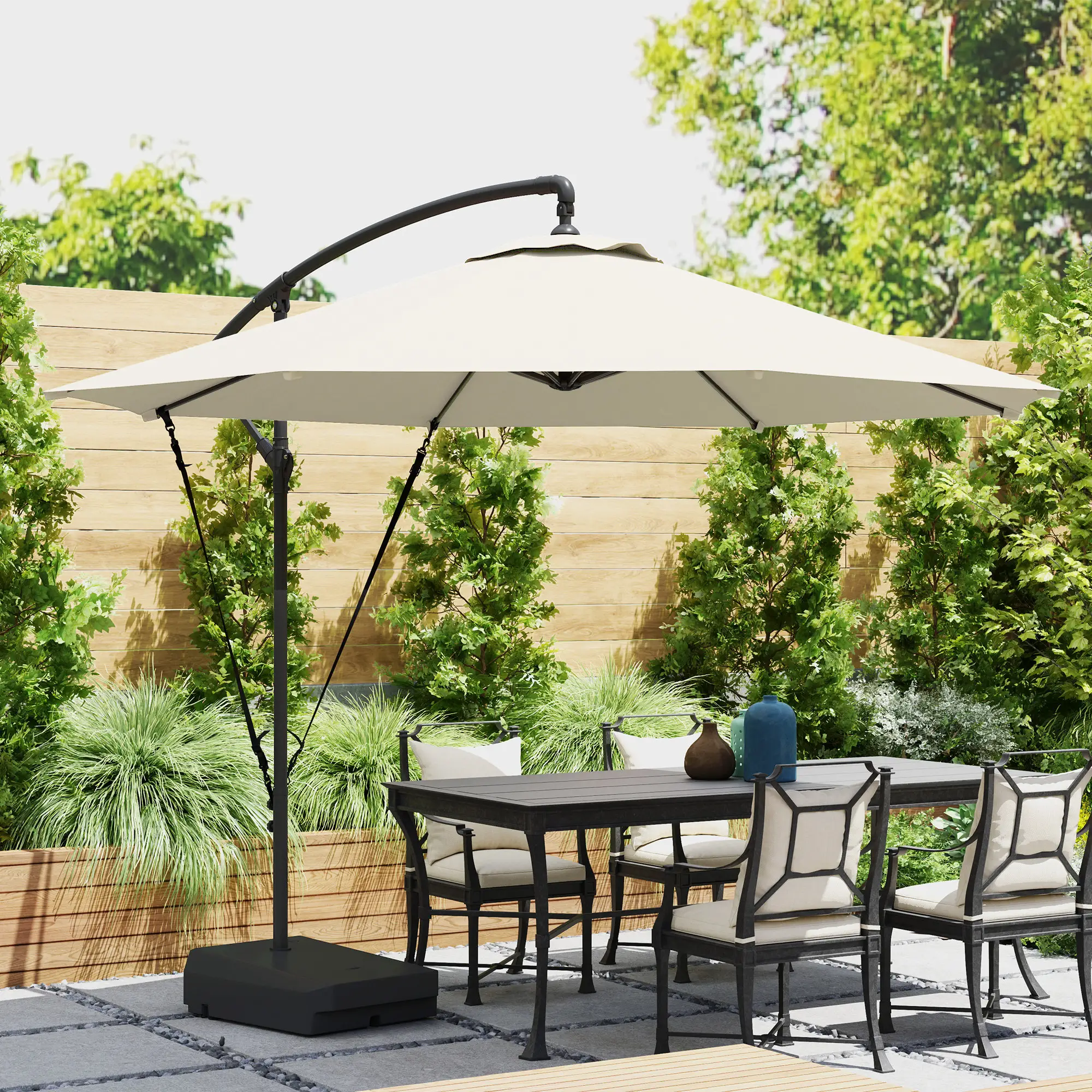 10FT Cantilever Umbrella With Fillable Base, Wind Strap, Cover, Cream White - Image 8