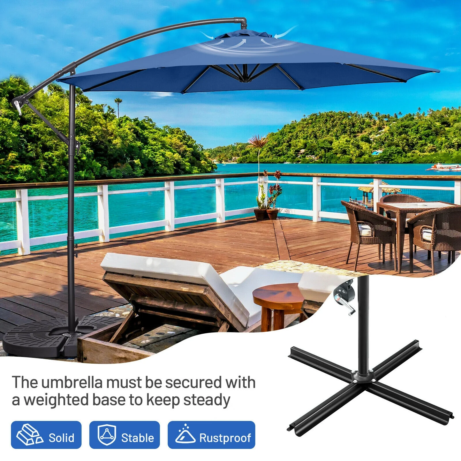 10FT Offset Umbrella, 8 Ribs, Cantilever Cross Base, Tilt Adjustment, Blue - Image 3