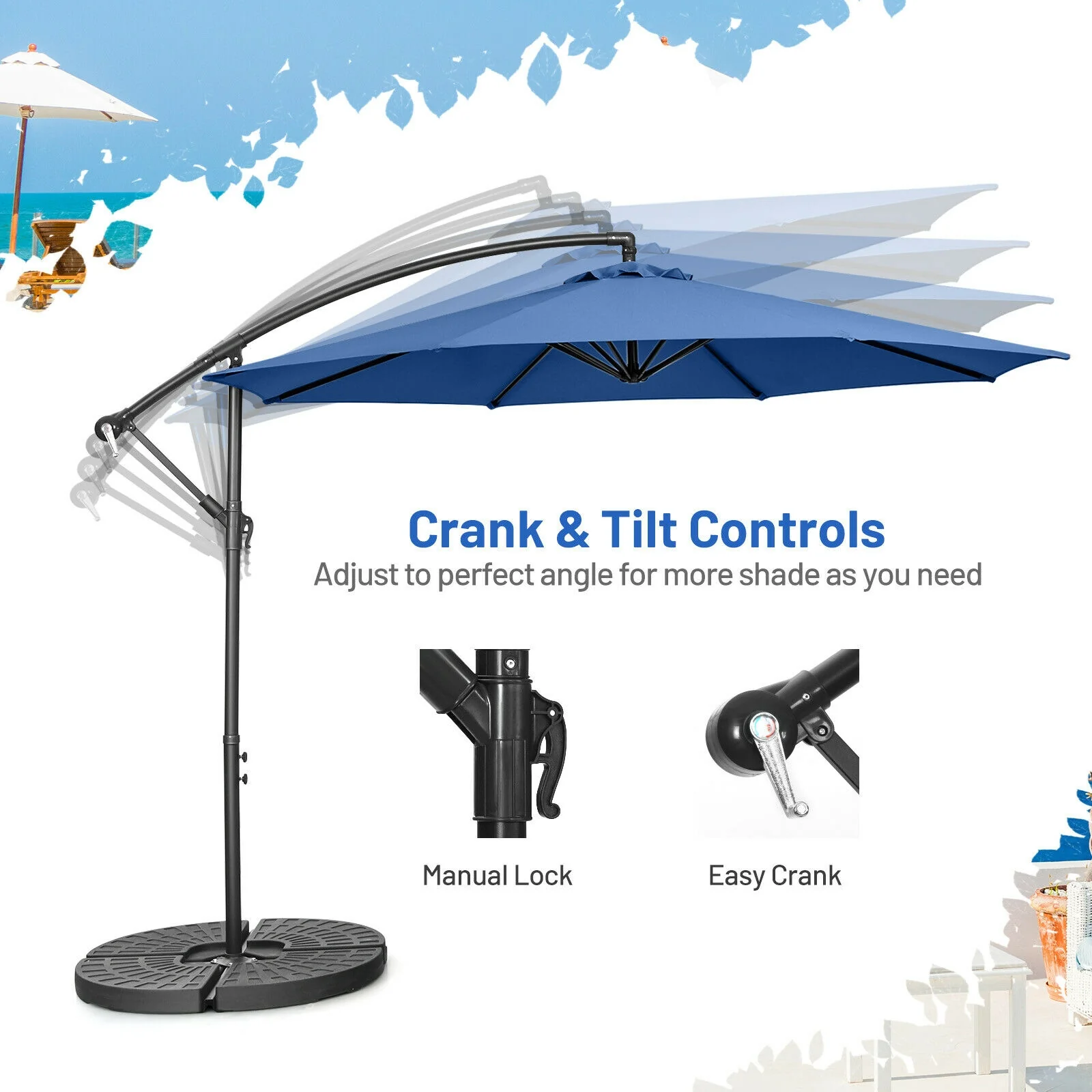 10FT Offset Umbrella, 8 Ribs, Cantilever Cross Base, Tilt Adjustment, Blue - Image 6