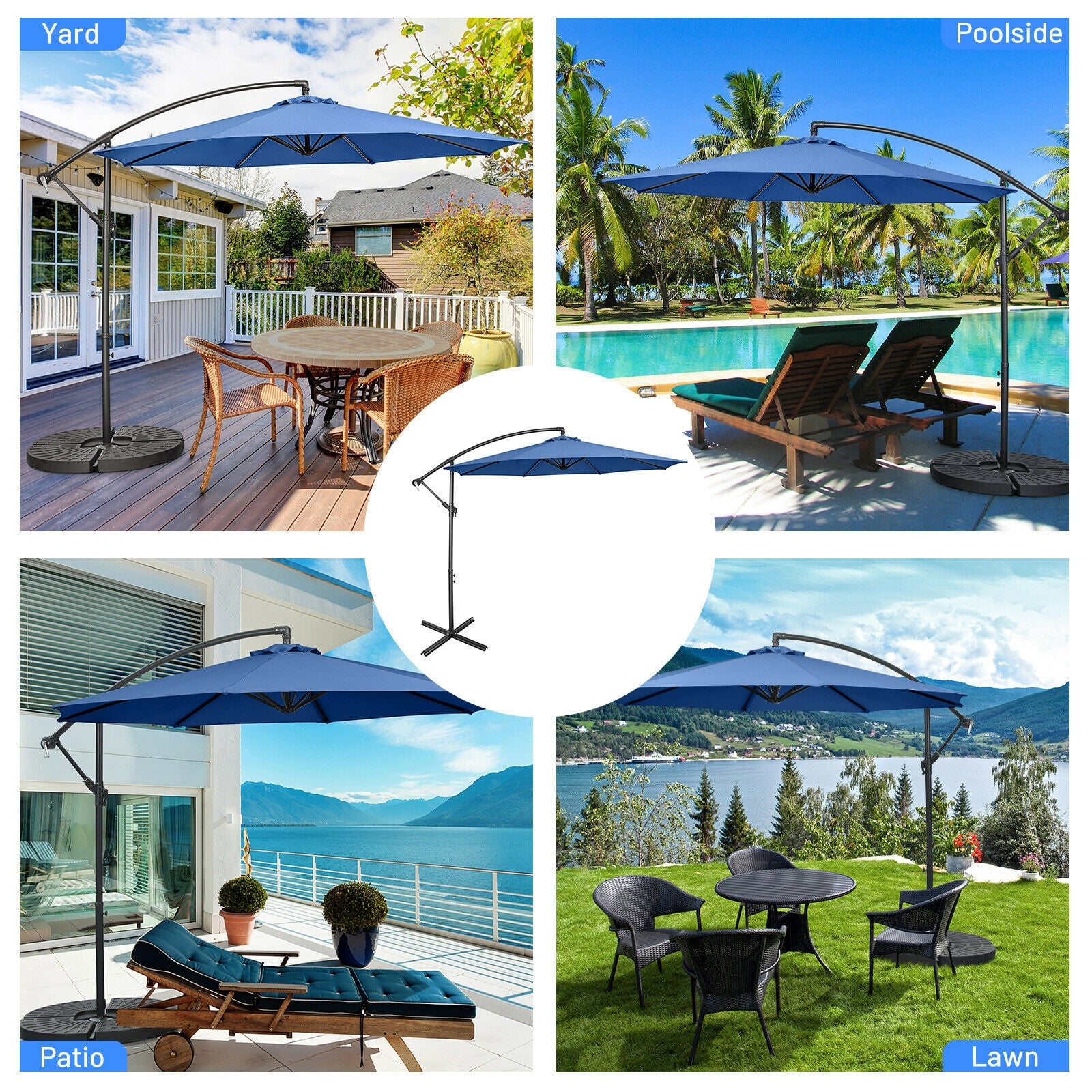 10FT Offset Umbrella, 8 Ribs, Cantilever Cross Base, Tilt Adjustment, Blue - Image 9