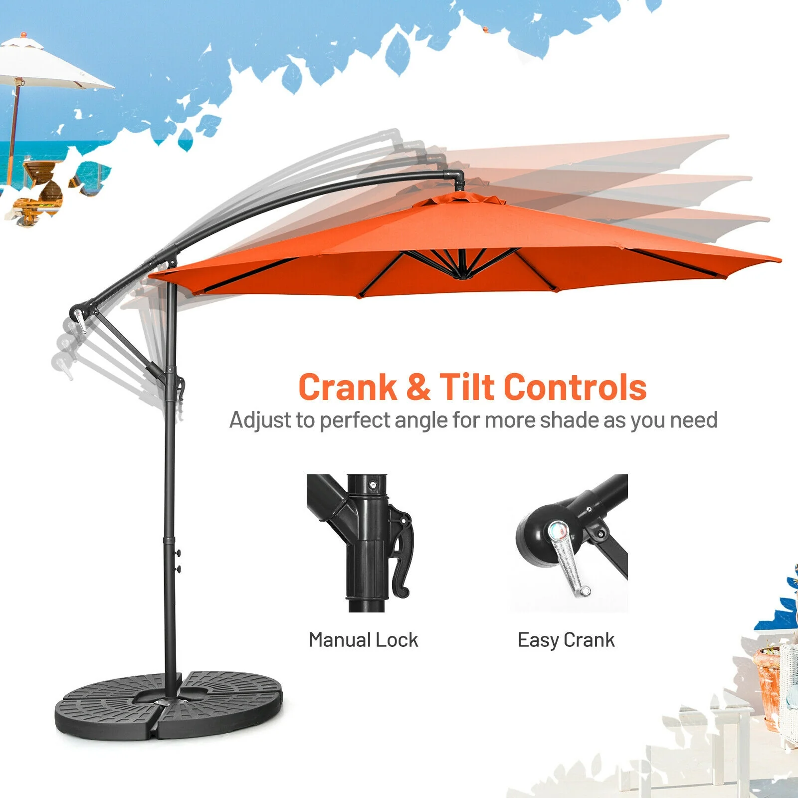 10FT Offset Umbrella, 8 Ribs, Cantilever, Cross Base, Tilt Adjustment, Orange - Image 6