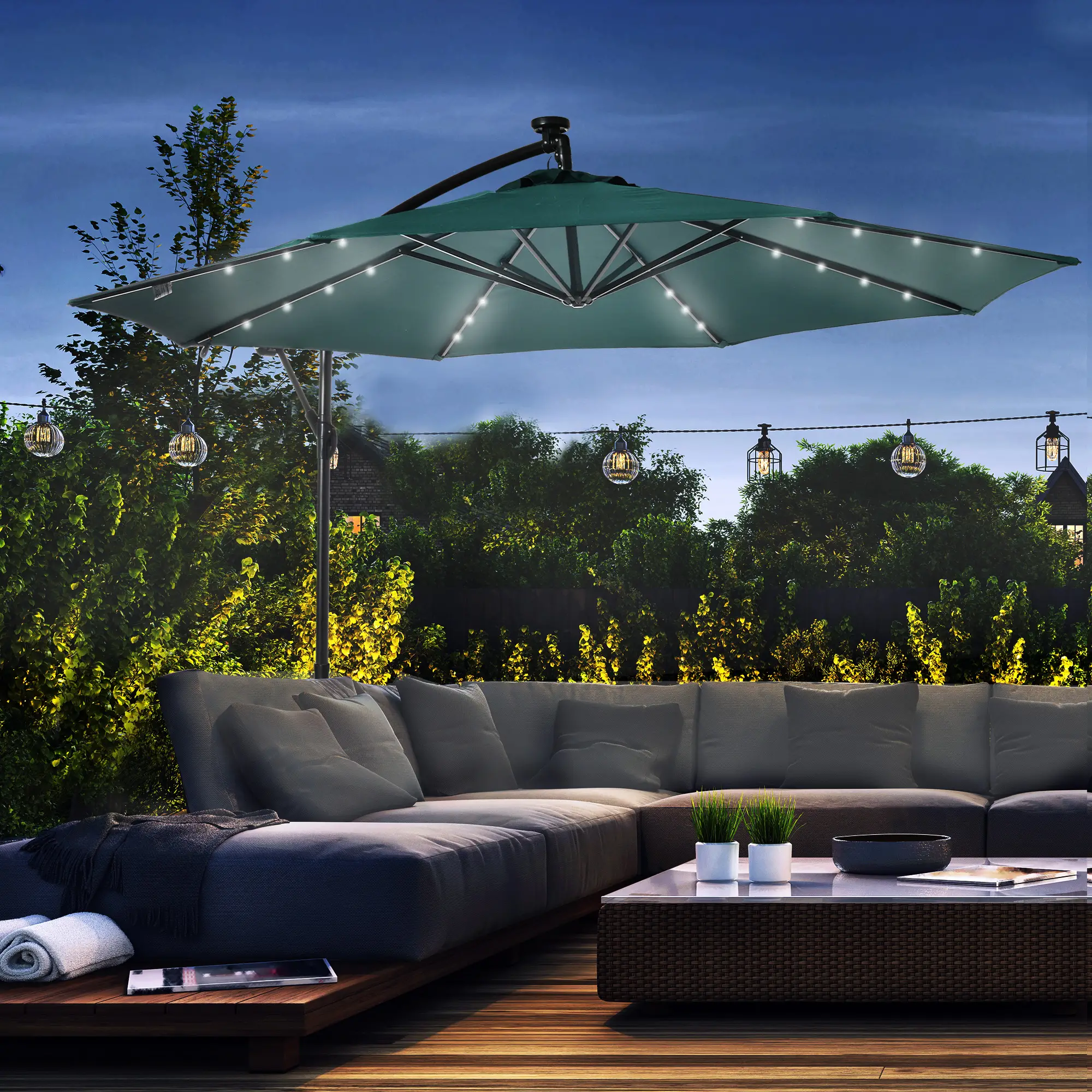 10ft Outdoor Cantilever Umbrella, Adjustable Angle, Dark Green - Image 2