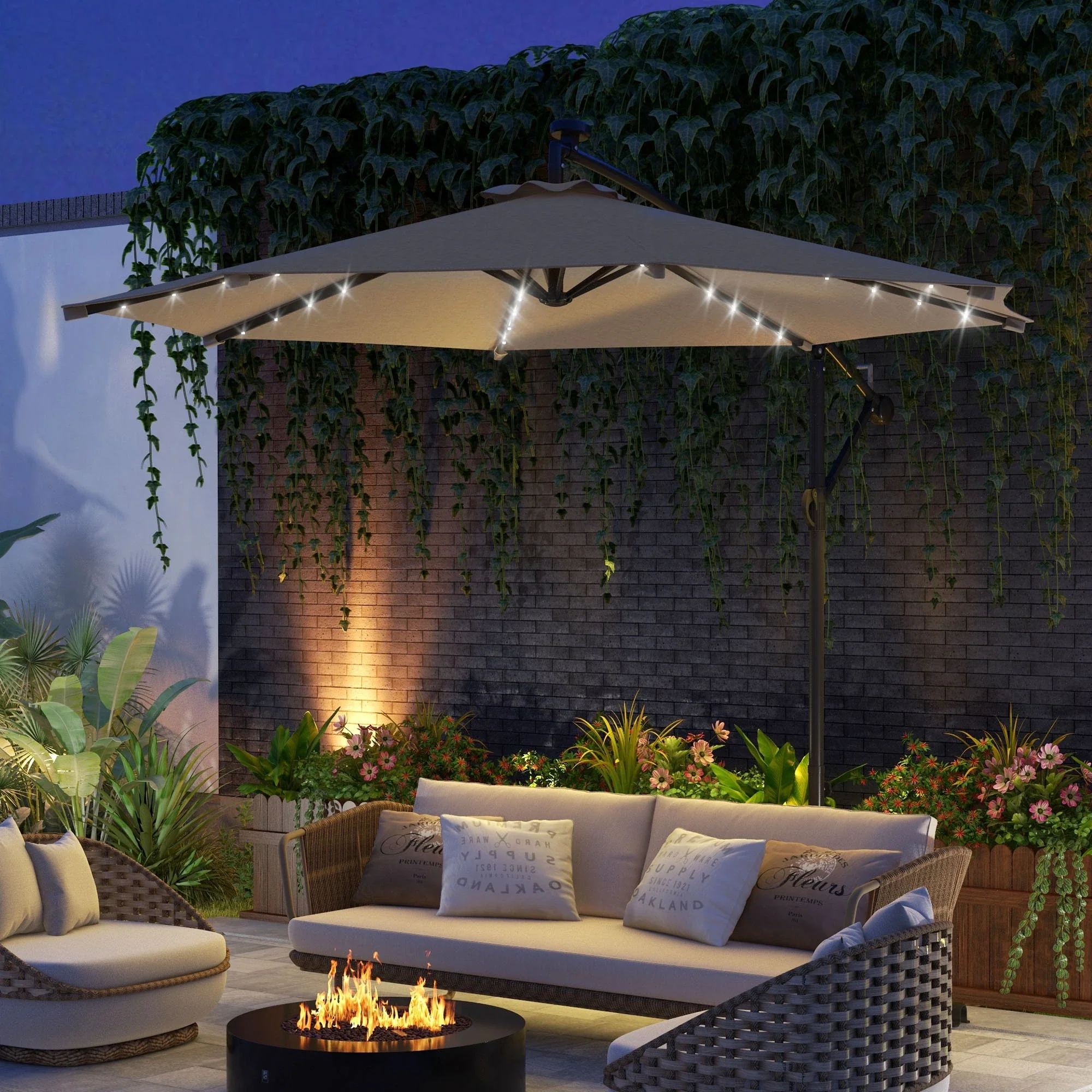 10ft Outdoor Cantilever Umbrella, Solar Lights, Adjustable Angle, Khaki - Image 2