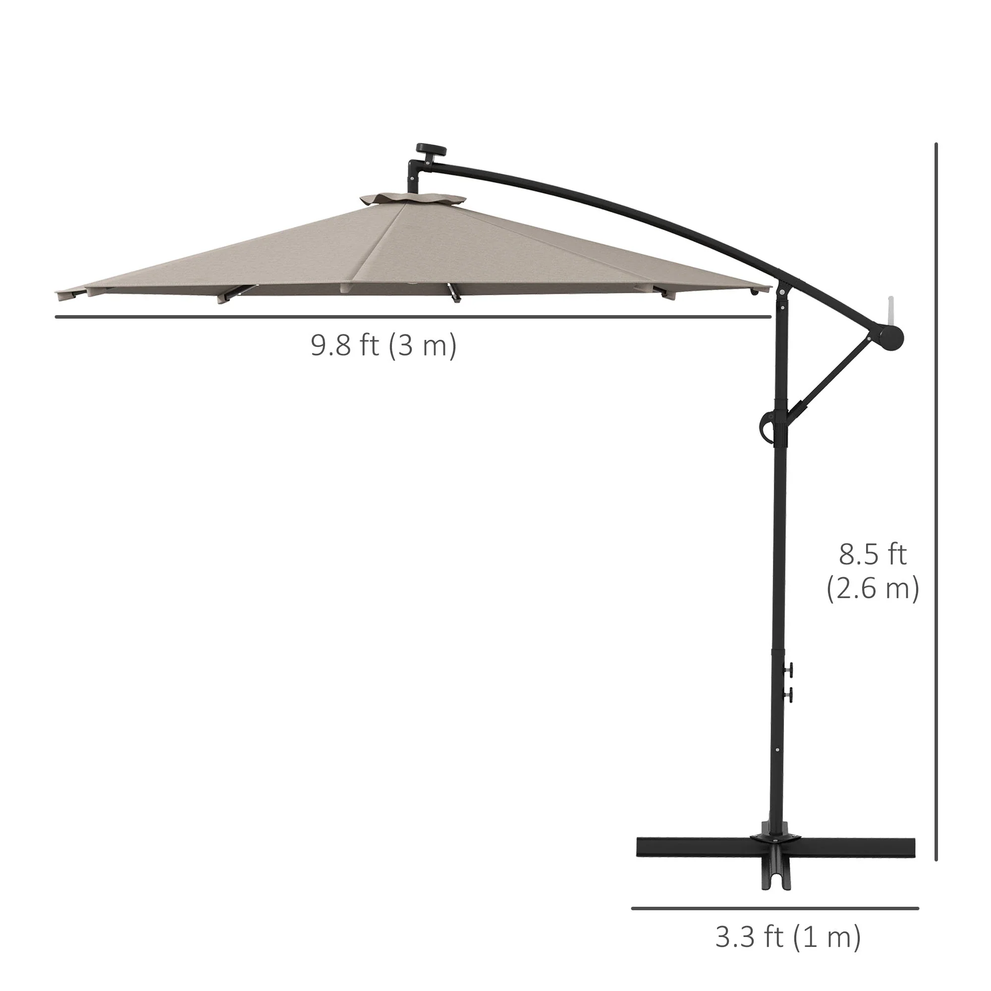 10ft Outdoor Cantilever Umbrella, Solar Lights, Adjustable Angle, Khaki - Image 3