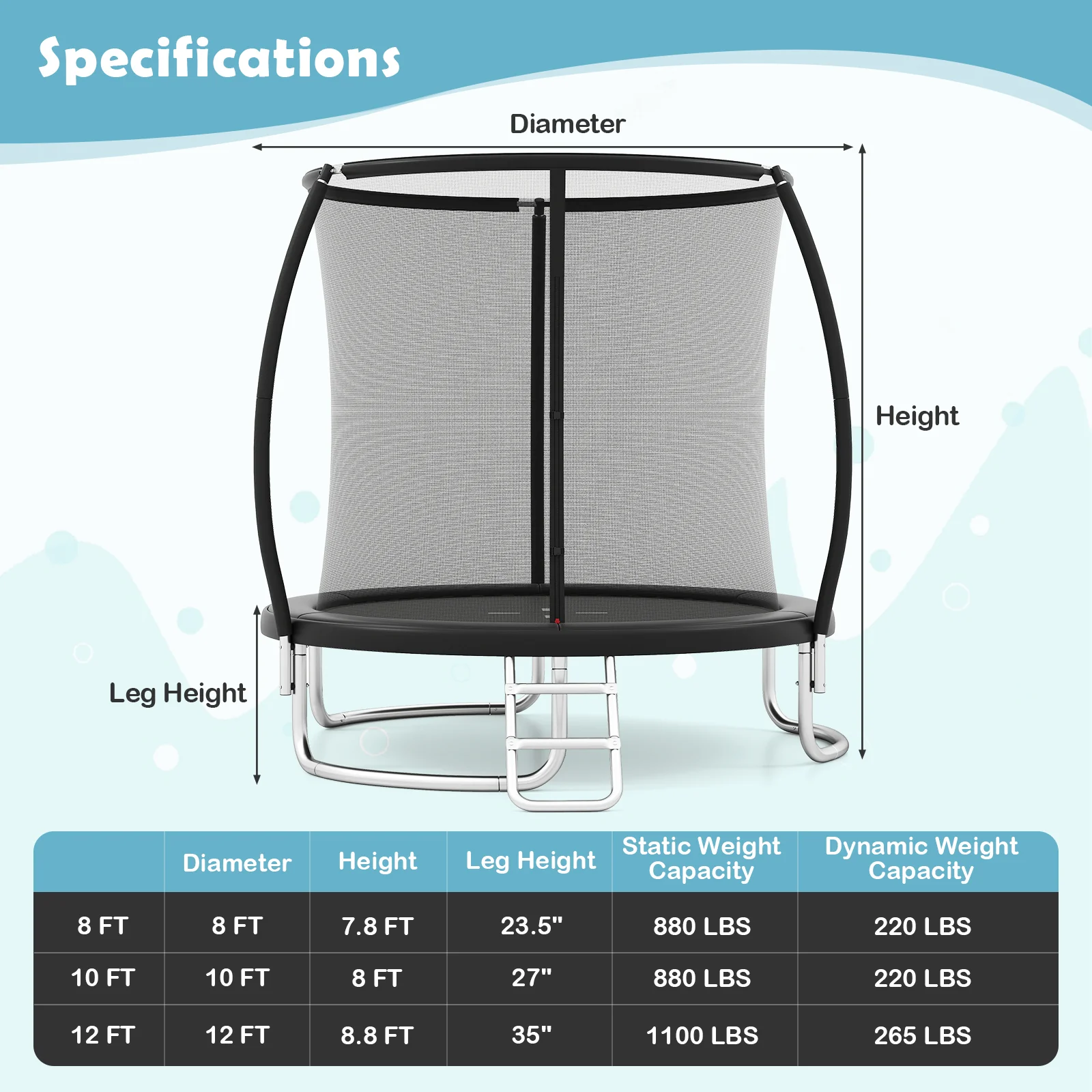 10FT Outdoor Trampoline Heavy-Duty Recreational Trampoline with Safety Enclosure Net, Black - Image 4