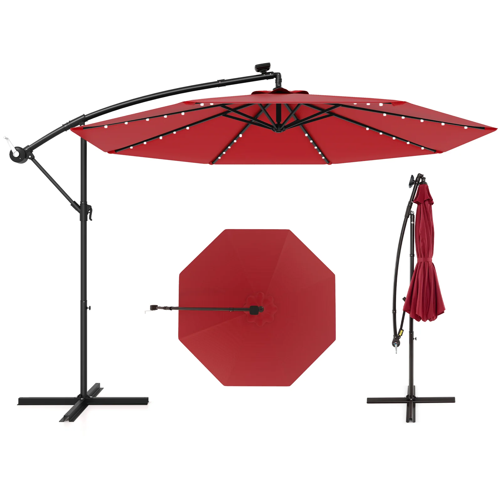 10Ft Solar Offset Hanging Umbrella, 40 Lamp Beads, Dark Red - Image 4
