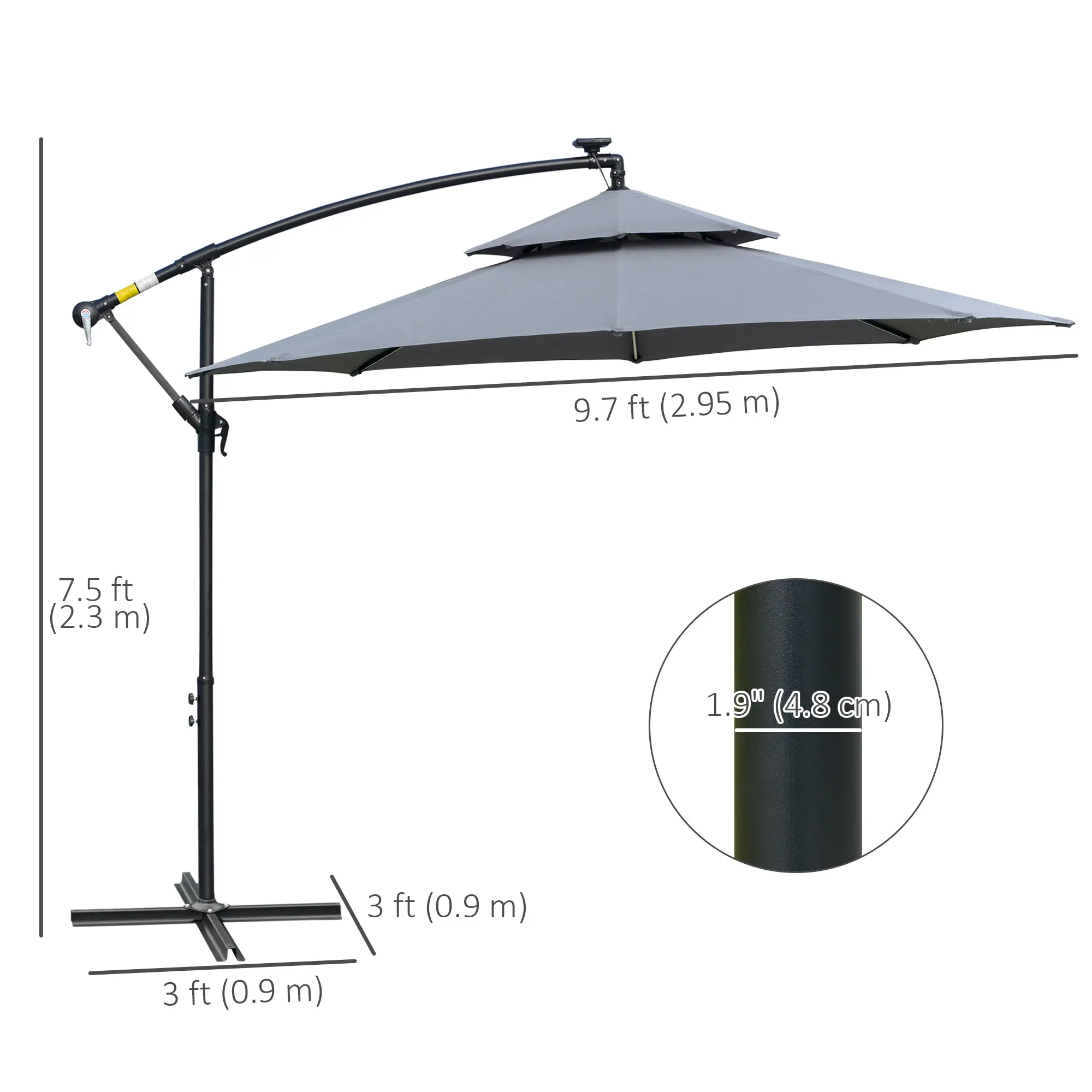 10FT Solar Powered Cantilever Patio Umbrella, Crank, Cross Base, Grey - Image 3