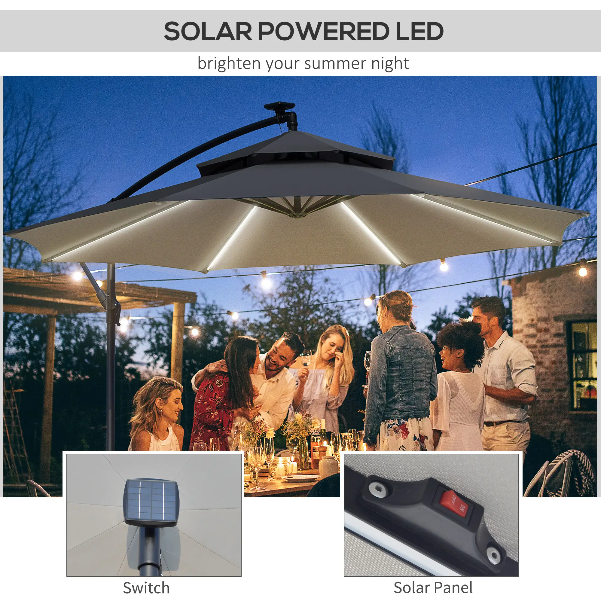 10FT Solar Powered Cantilever Patio Umbrella, Crank, Cross Base, Grey - Image 4