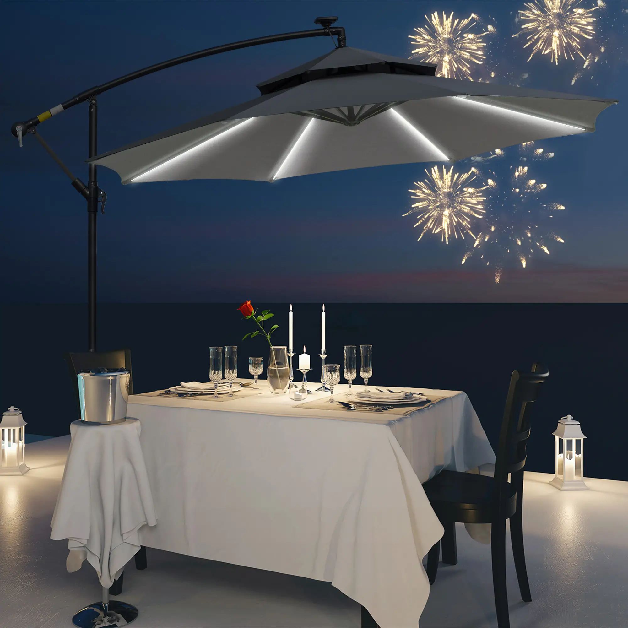 10FT Solar Powered Cantilever Patio Umbrella, Crank, Cross Base, Grey - Image 8