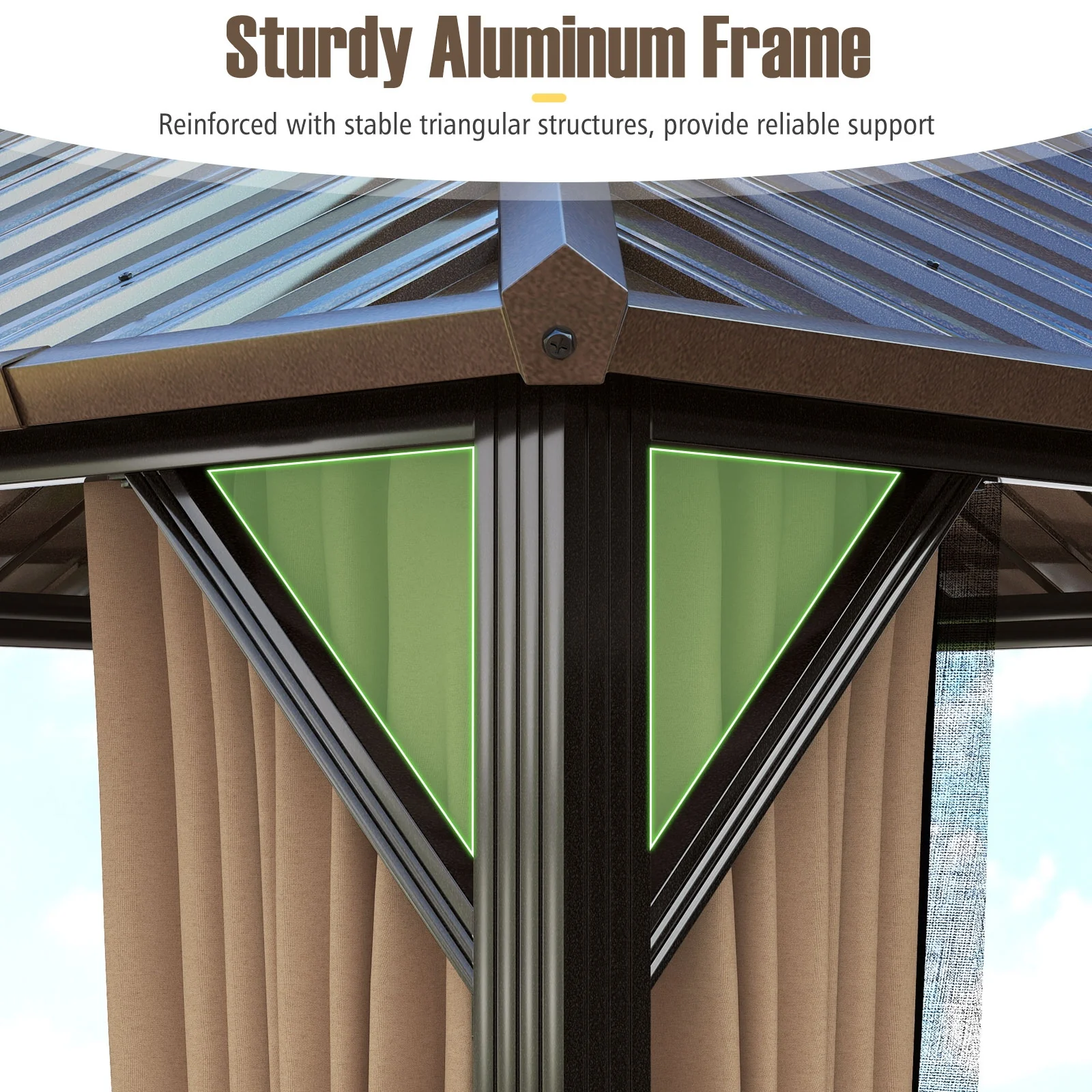 10x10 Feet Hardtop Gazebo With Netting, Curtain, Double-Roof, Coffee - Image 10