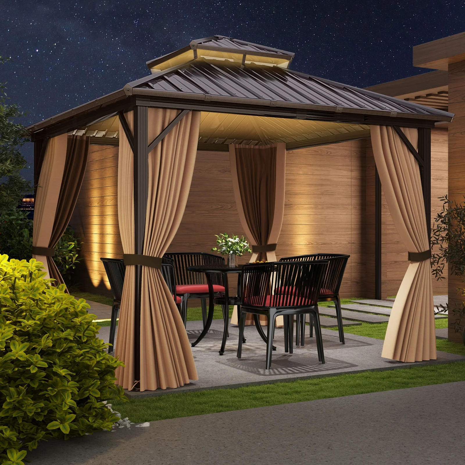 10x10 Feet Hardtop Gazebo With Netting, Curtain, Double-Roof, Coffee - Image 2