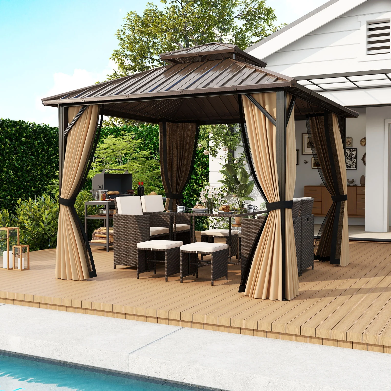 10x10 Feet Hardtop Gazebo With Netting, Curtain, Double-Roof, Coffee - Image 3