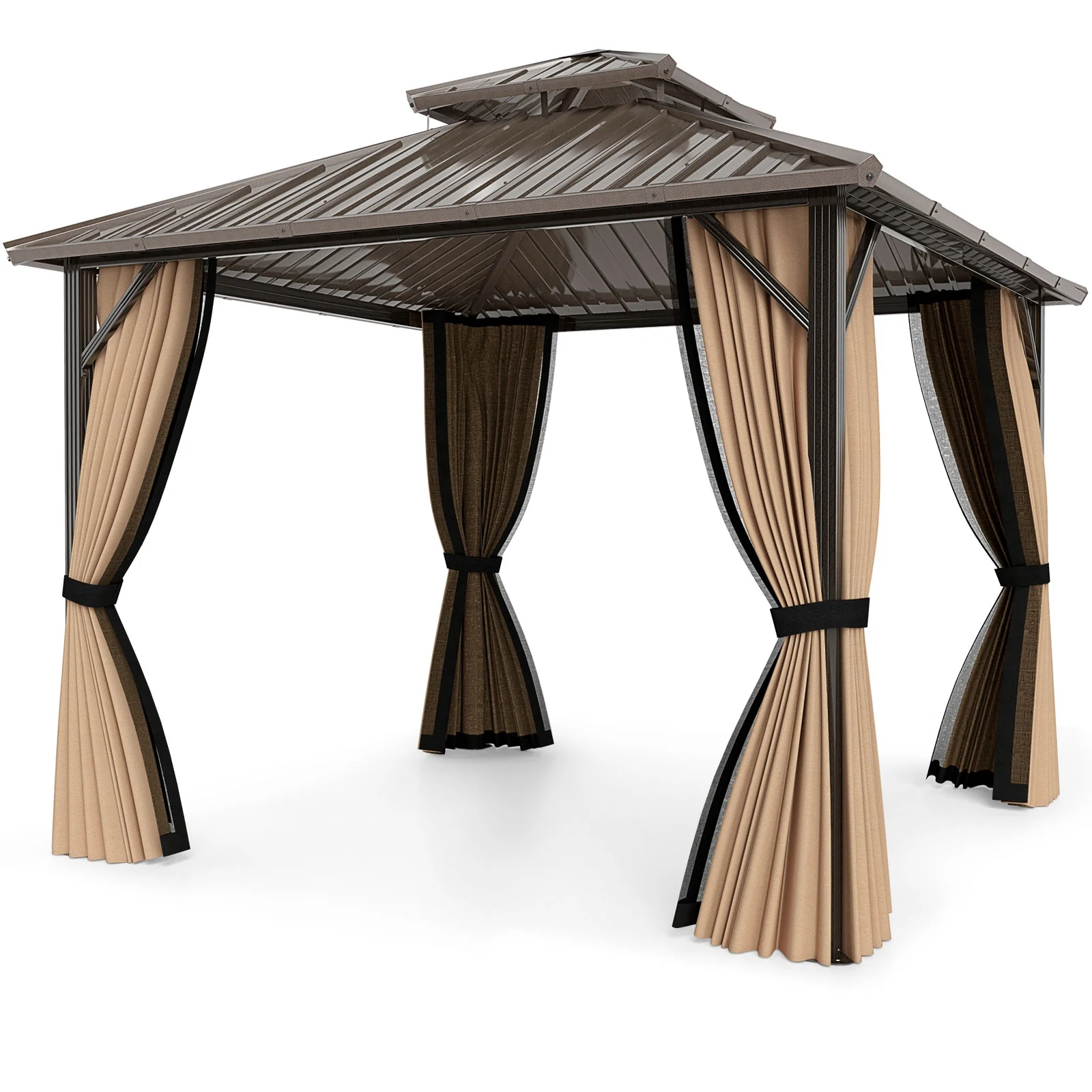 10x10 Feet Hardtop Gazebo With Netting, Curtain, Double-Roof, Coffee - Image 4