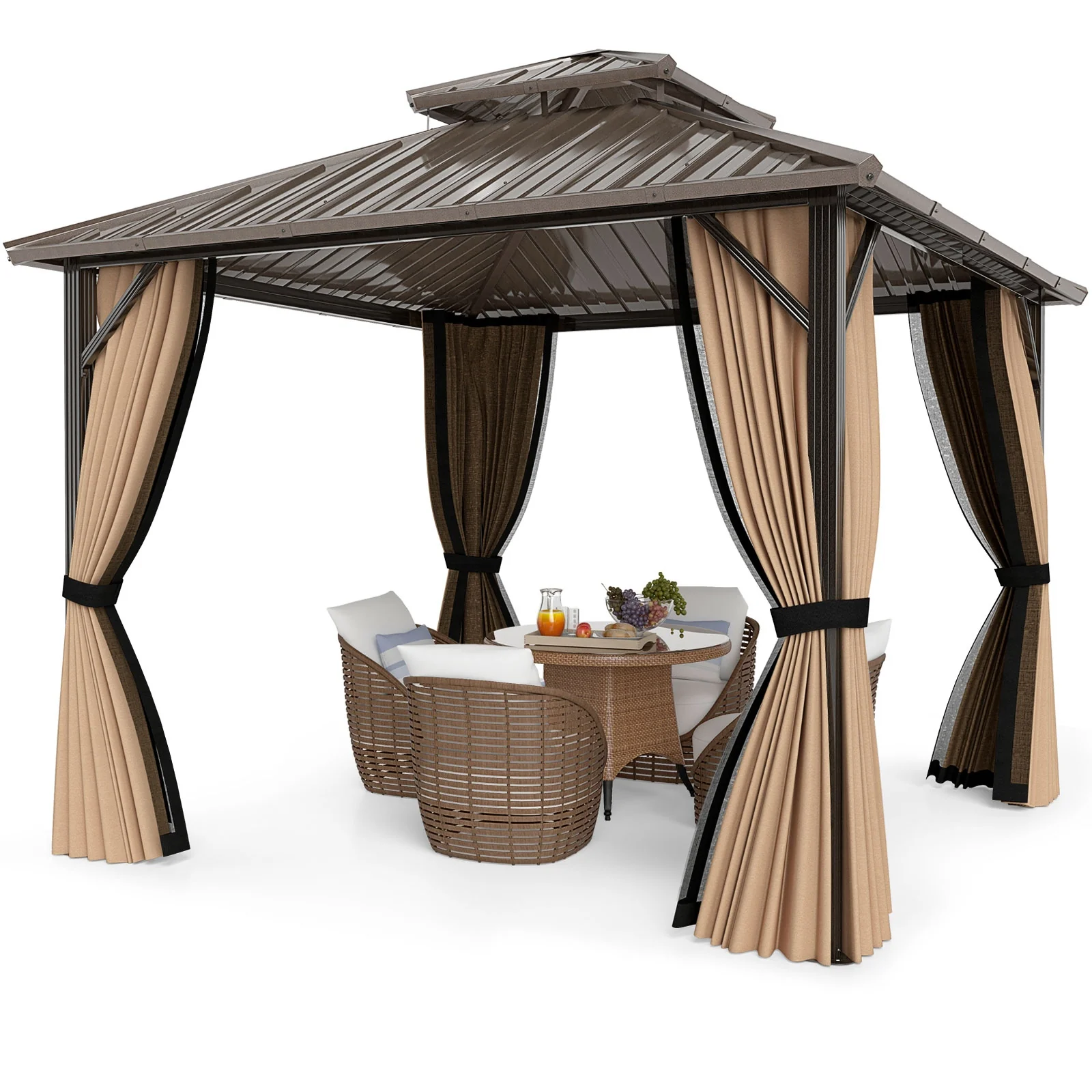10x10 Feet Hardtop Gazebo With Netting, Curtain, Double-Roof, Coffee - Image 5