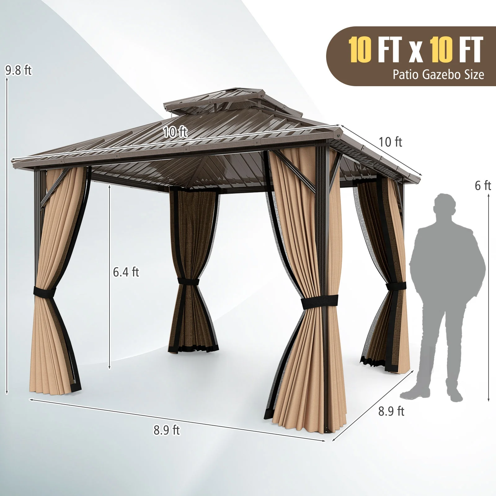 10x10 Feet Hardtop Gazebo With Netting, Curtain, Double-Roof, Coffee - Image 6