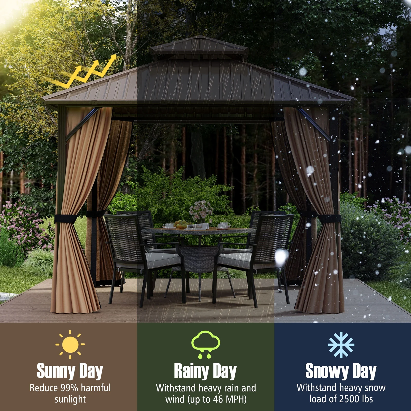 10x10 Feet Hardtop Gazebo With Netting, Curtain, Double-Roof, Coffee - Image 7