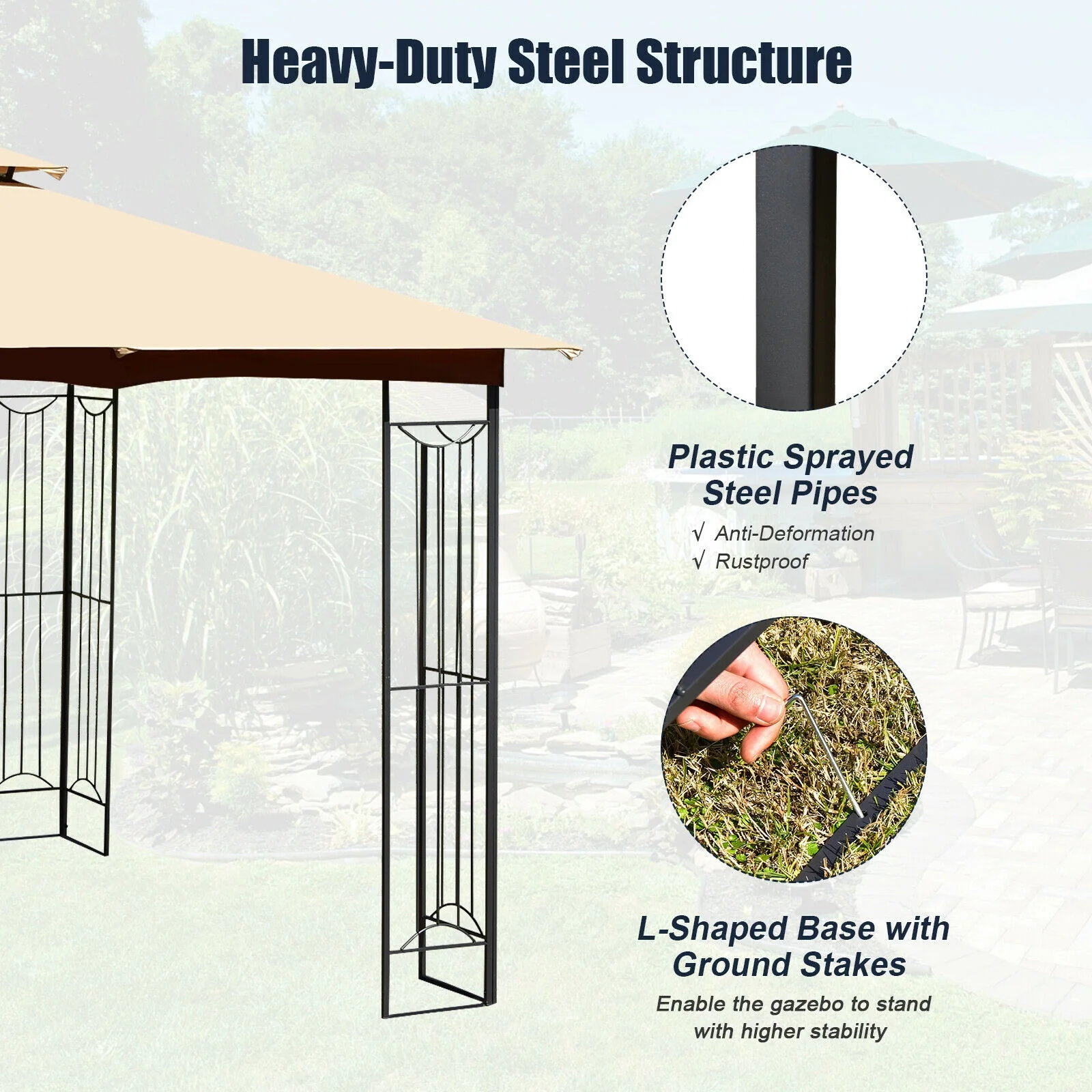 10x10 Feet L-Shaped Patio Canopy Gazebo, 2-Tier Steel Tent, Beige - Image 10