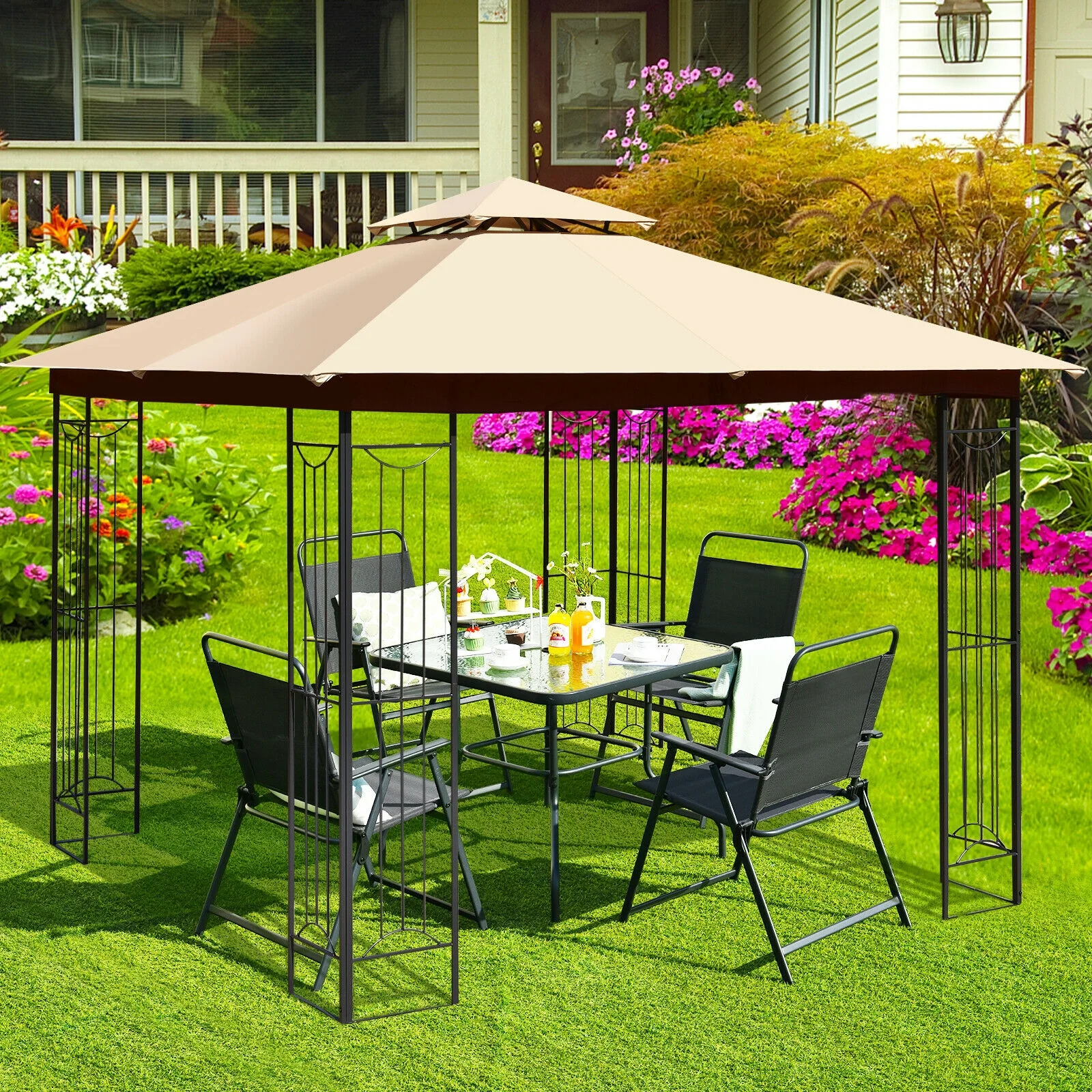 10x10 Feet L-Shaped Patio Canopy Gazebo, 2-Tier Steel Tent, Beige - Image 2