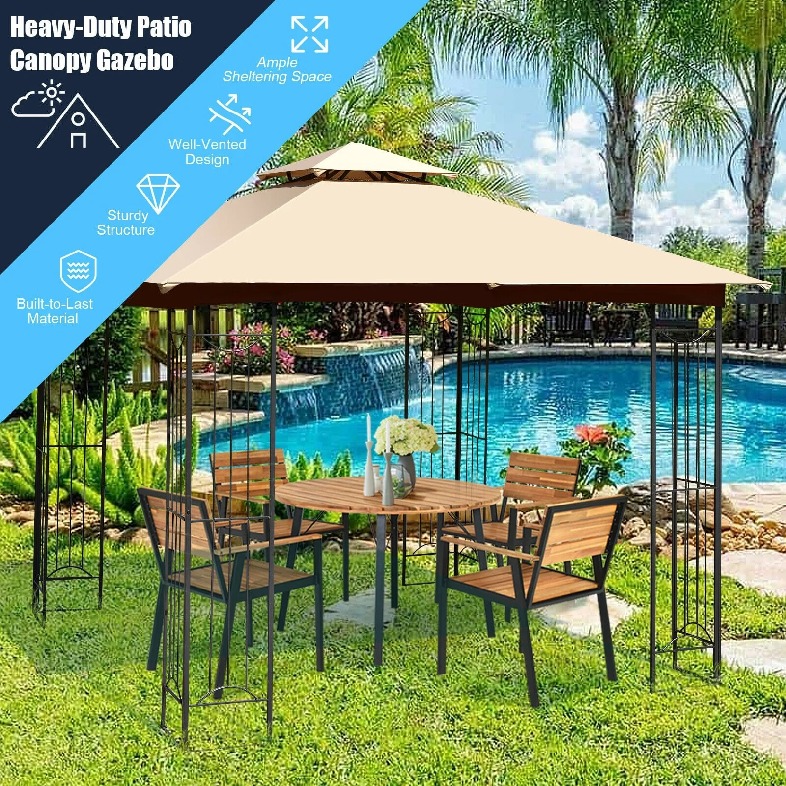 10x10 Feet L-Shaped Patio Canopy Gazebo, 2-Tier Steel Tent, Beige - Image 3
