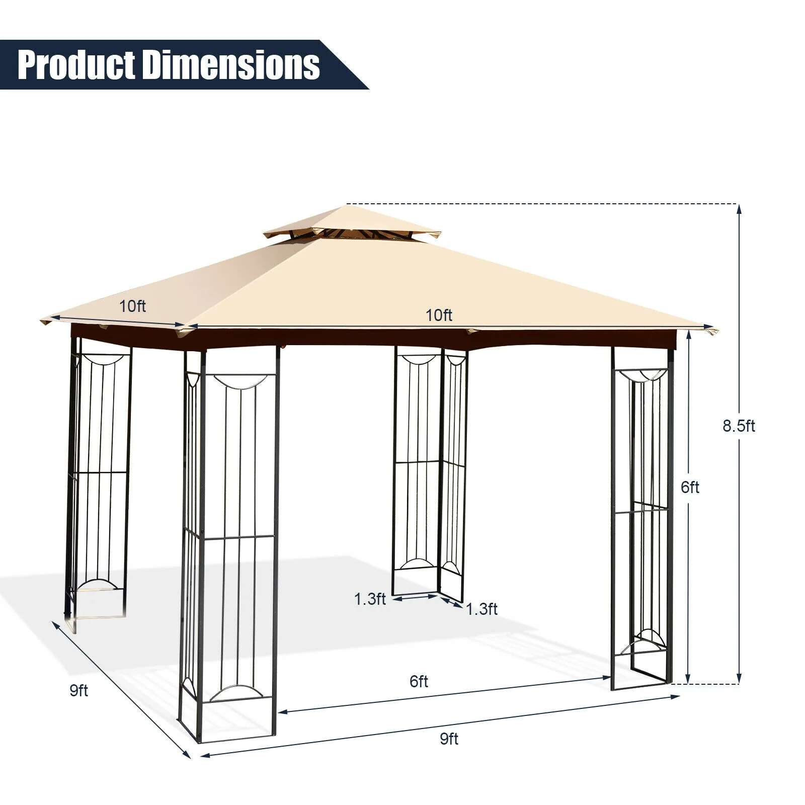10x10 Feet L-Shaped Patio Canopy Gazebo, 2-Tier Steel Tent, Beige - Image 5