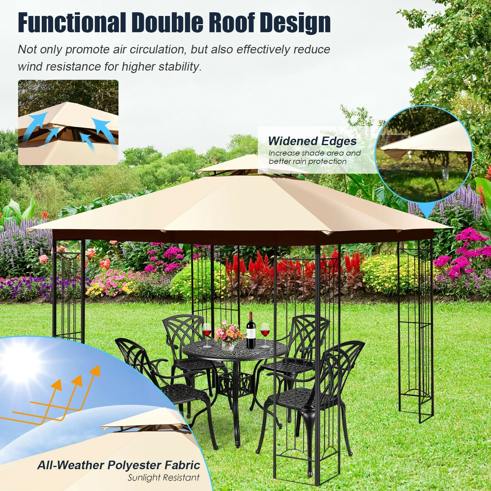 10x10 Feet L-Shaped Patio Canopy Gazebo, 2-Tier Steel Tent, Beige - Image 6