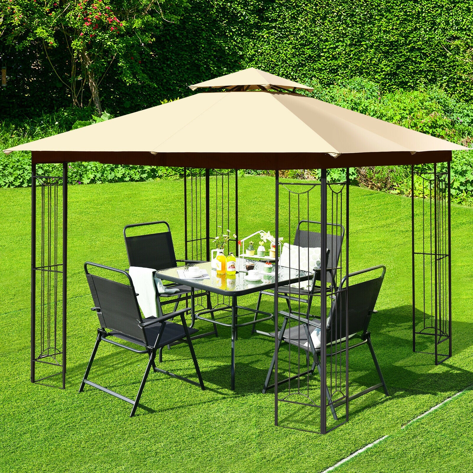 10x10 Feet L-Shaped Patio Canopy Gazebo, 2-Tier Steel Tent, Beige - Image 7
