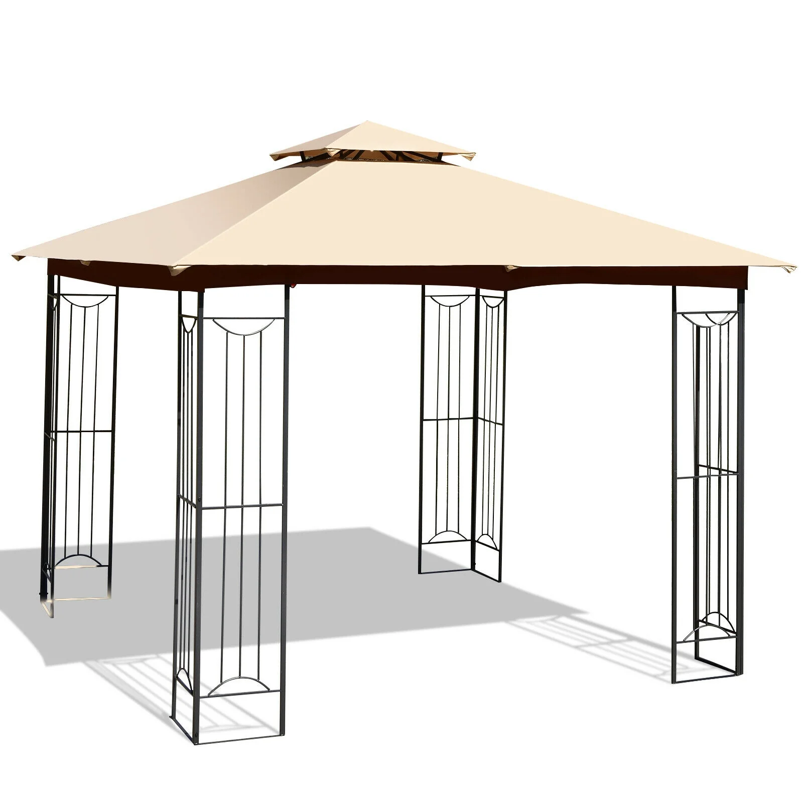 10x10 Feet L-Shaped Patio Canopy Gazebo, 2-Tier Steel Tent, Beige - Image 8