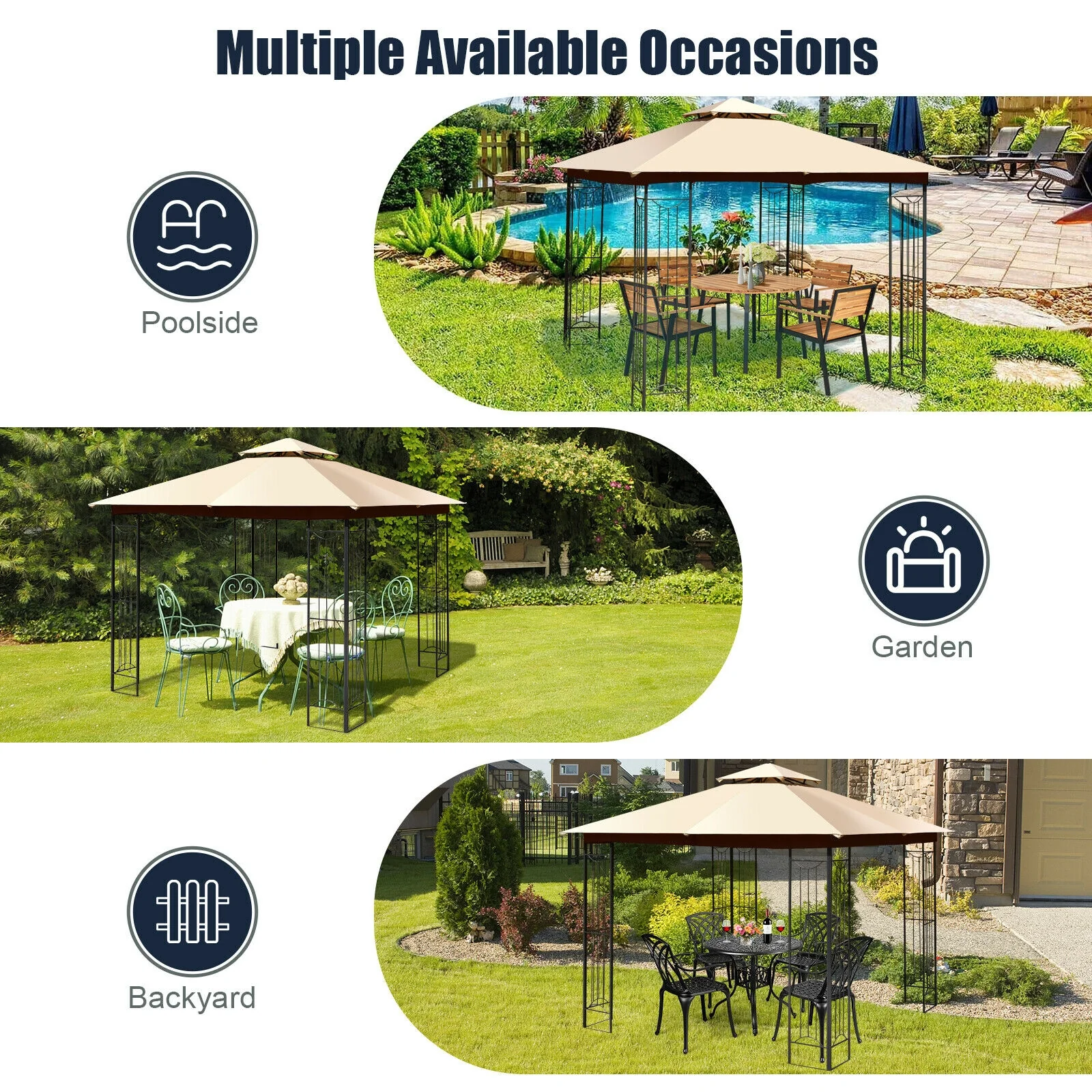 10x10 Feet L-Shaped Patio Canopy Gazebo, 2-Tier Steel Tent, Beige - Image 9