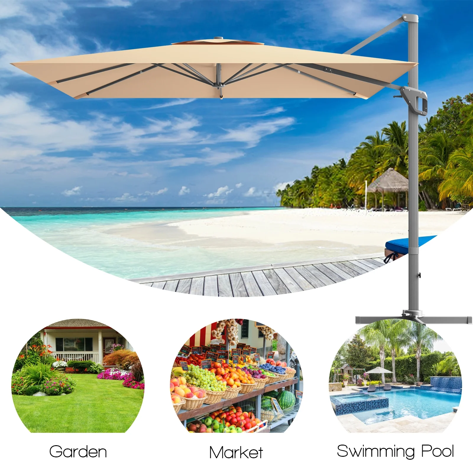 10x10 Feet Patio Cantilever Umbrella, Aluminum 360-Degree Rotation Tilt, Beige - Image 3
