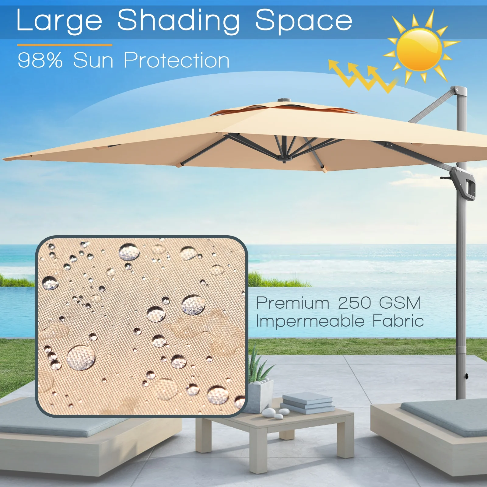 10x10 Feet Patio Cantilever Umbrella, Aluminum 360-Degree Rotation Tilt, Beige - Image 4