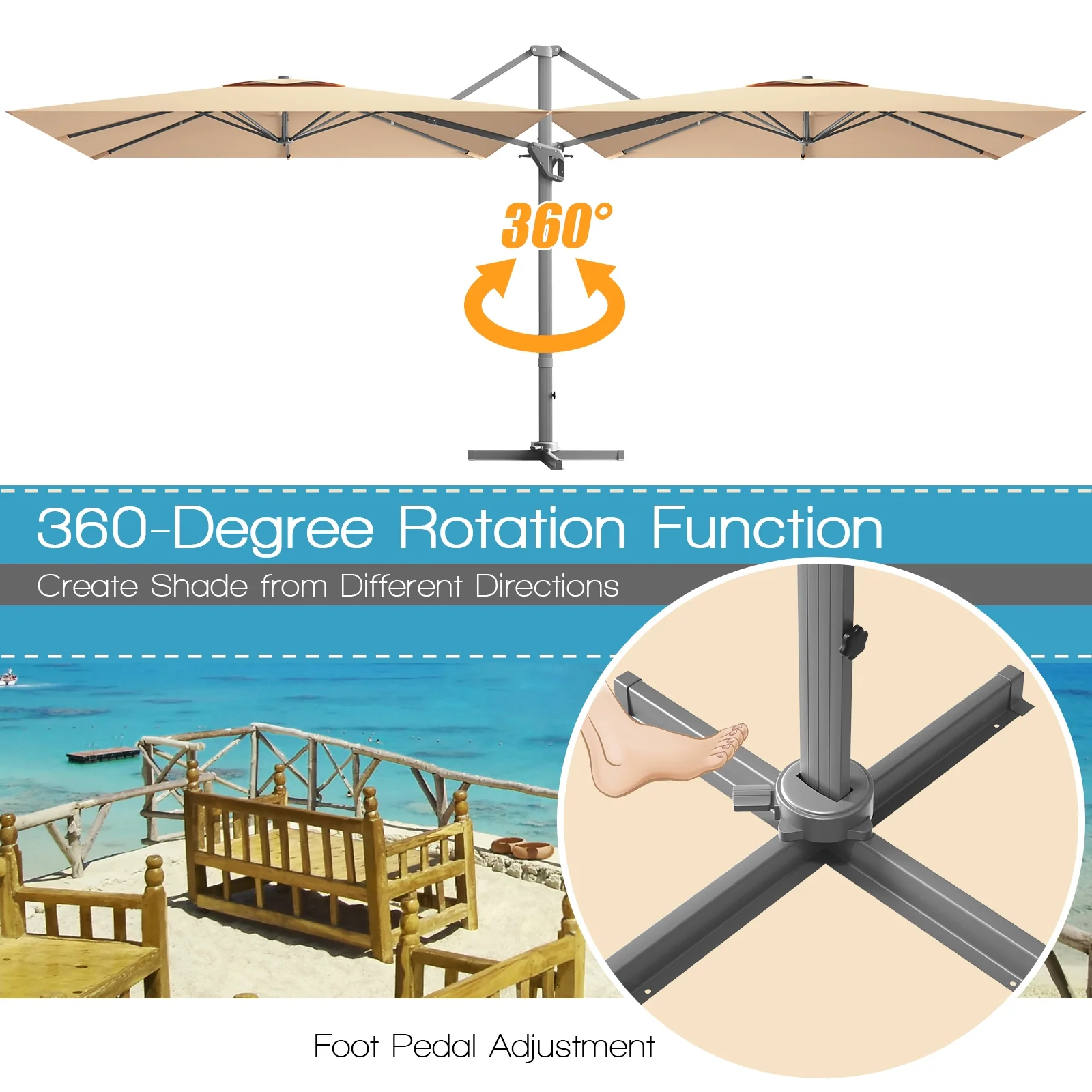 10x10 Feet Patio Cantilever Umbrella, Aluminum 360-Degree Rotation Tilt, Beige - Image 7