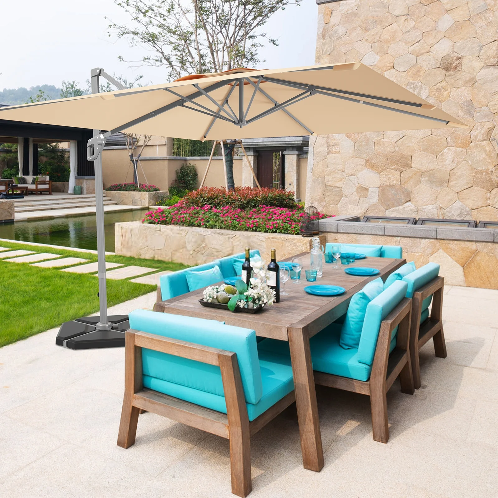 10x10 Feet Patio Cantilever Umbrella, Aluminum 360-Degree Rotation Tilt, Beige - Image 8