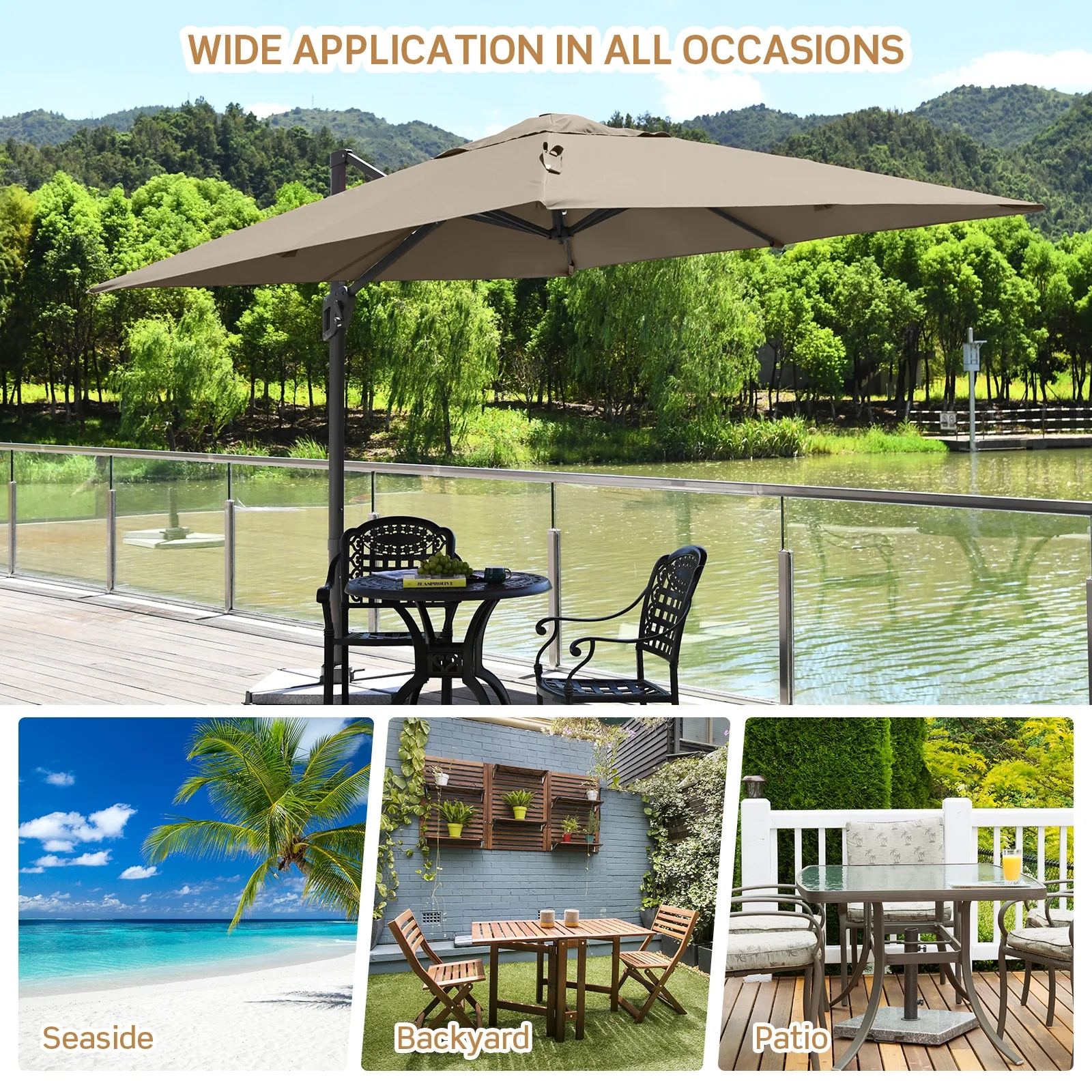 10x10 Feet Patio Cantilever Umbrella, Aluminum 360-Degree Rotation Tilt, Coffee - Image 3