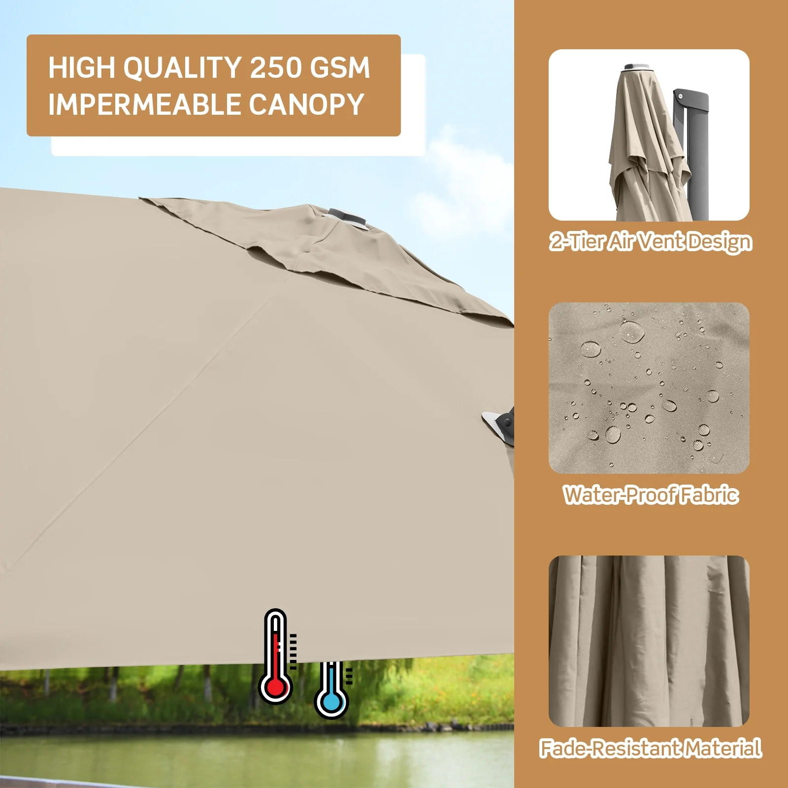 10x10 Feet Patio Cantilever Umbrella, Aluminum 360-Degree Rotation Tilt, Coffee - Image 6