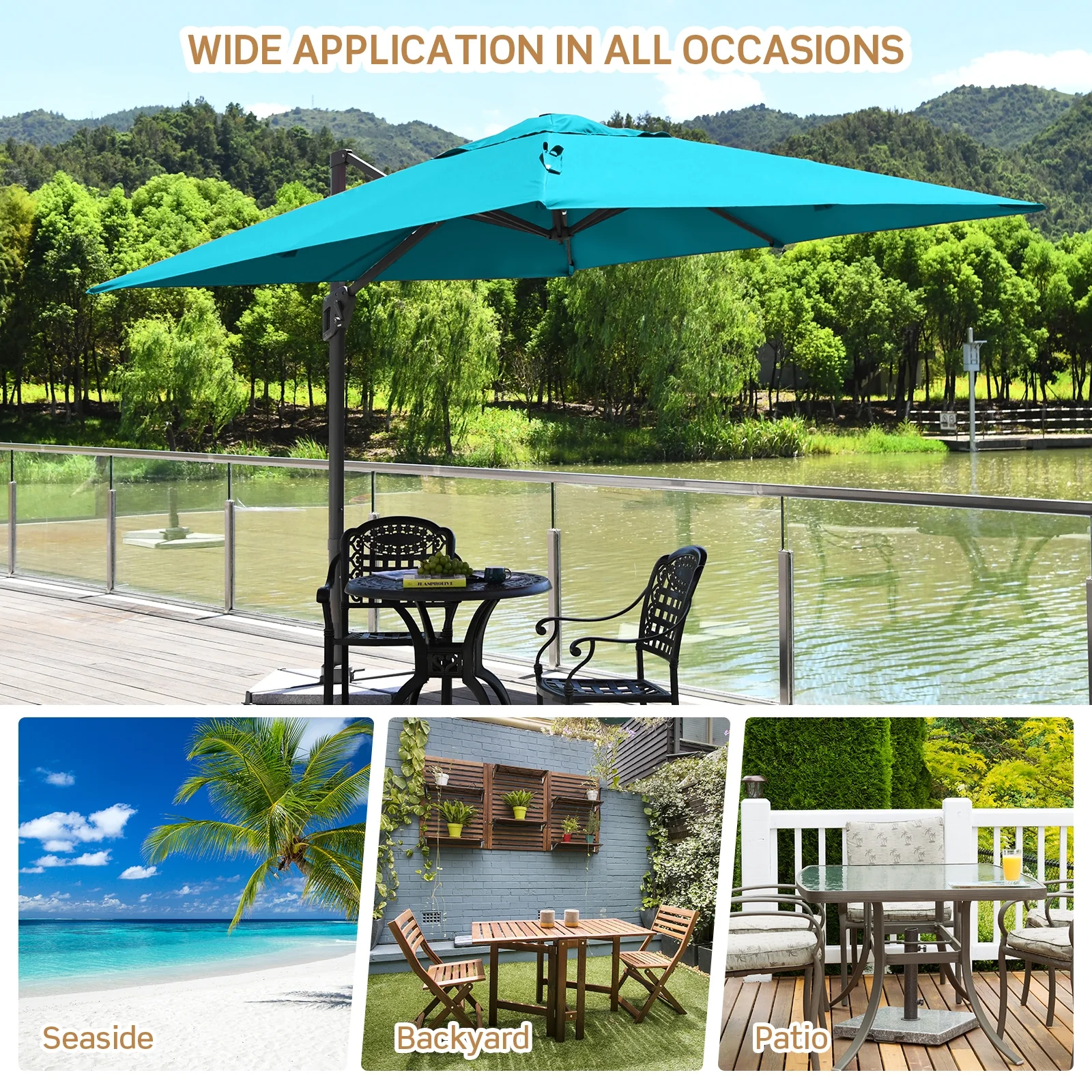 10x10 Feet Patio Umbrella, Aluminum 360-Degree Rotation Tilt, Turquoise - Image 3