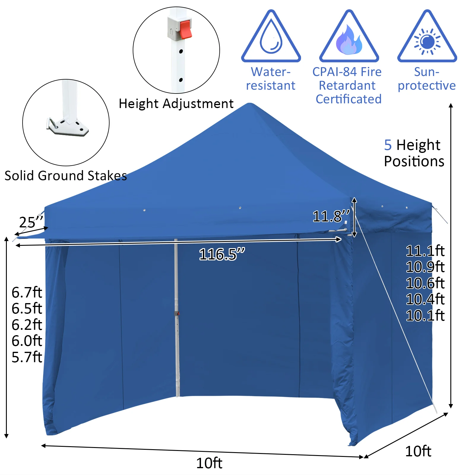 10x10 Feet Pop-Up Gazebo, 5 Removable Zippered Sidewalls, Extended Awning, Blue - Image 6