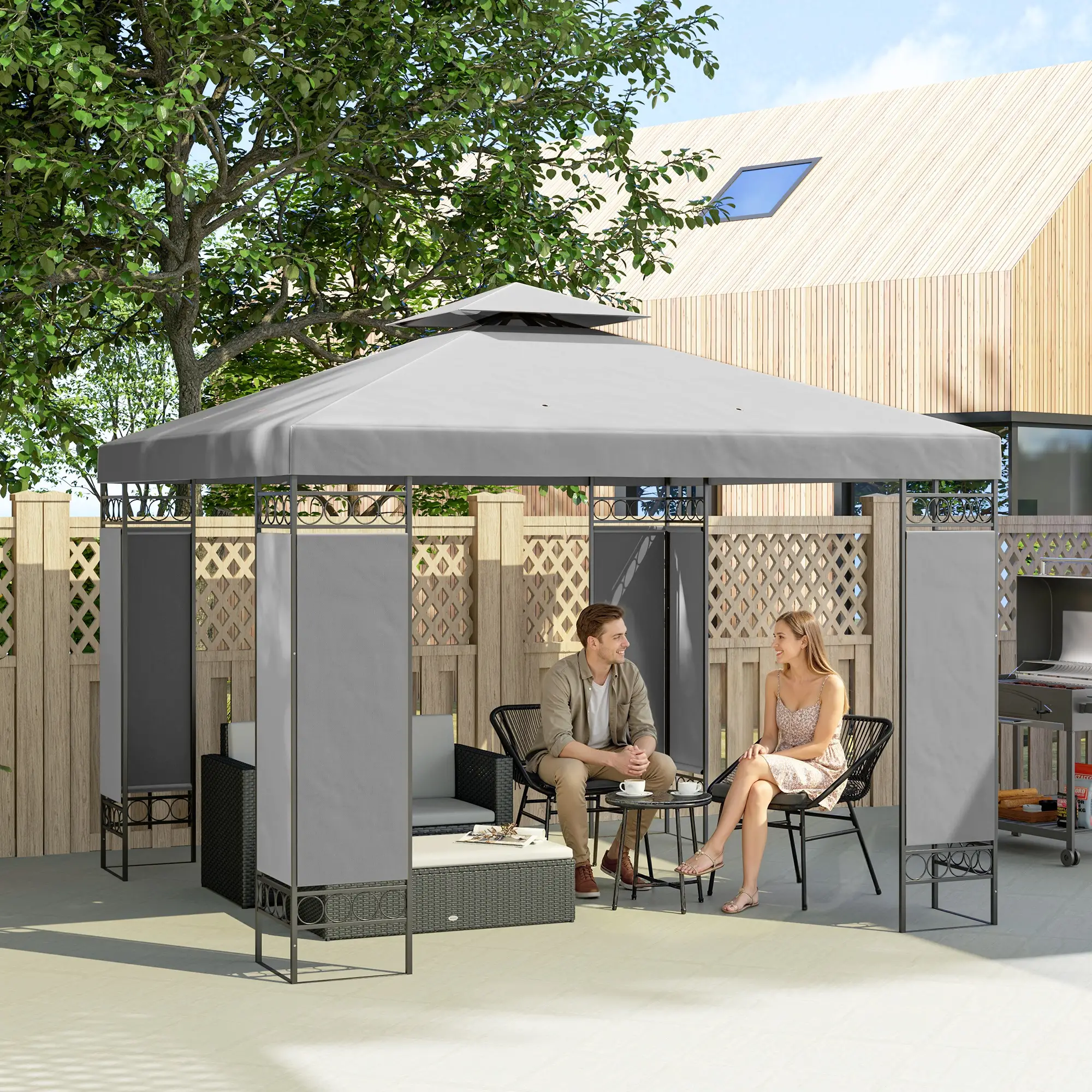 10x10 FT Canopy Gazebo, Double Roof With Screen Panels, Light Grey - Image 2