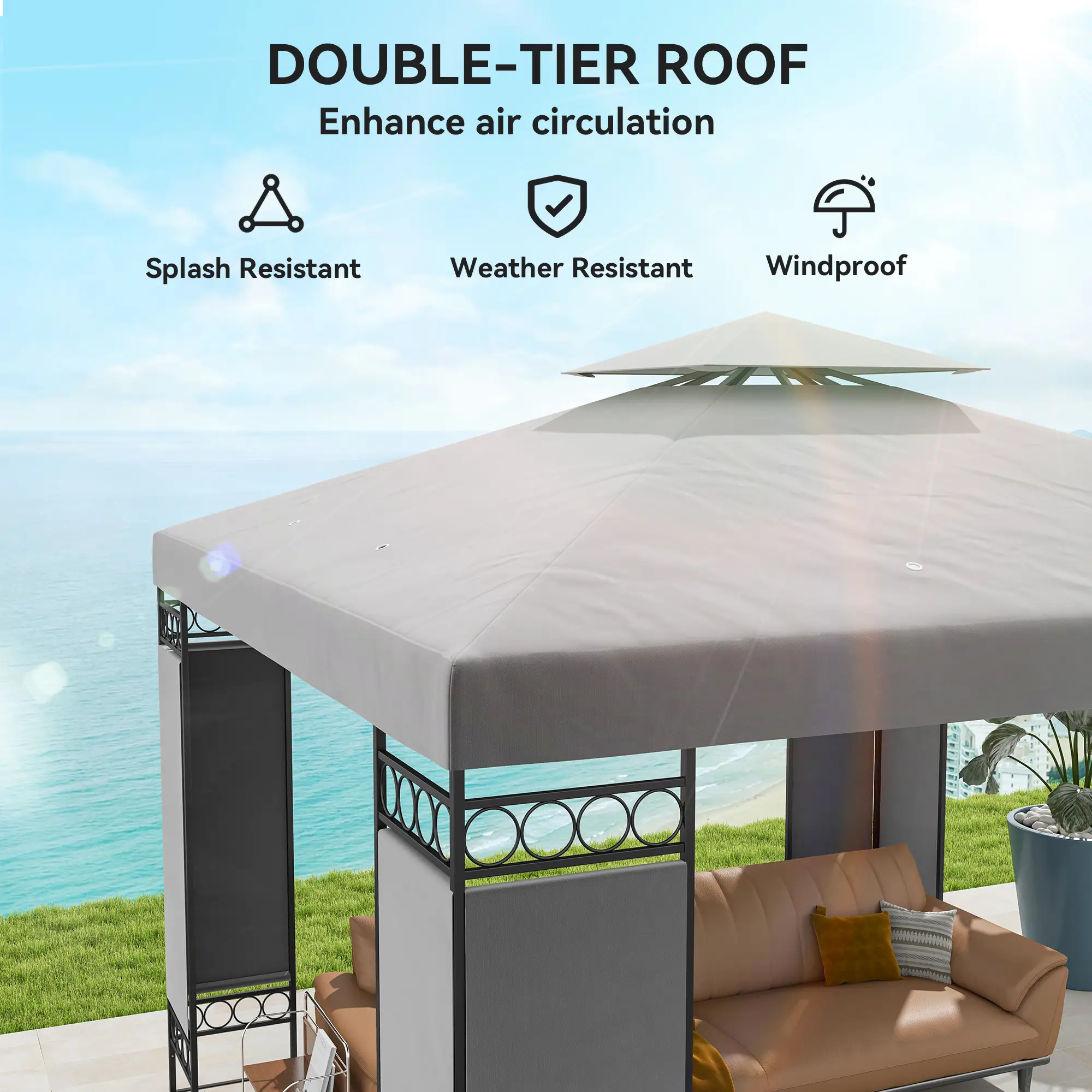 10x10 FT Canopy Gazebo, Double Roof With Screen Panels, Light Grey - Image 4