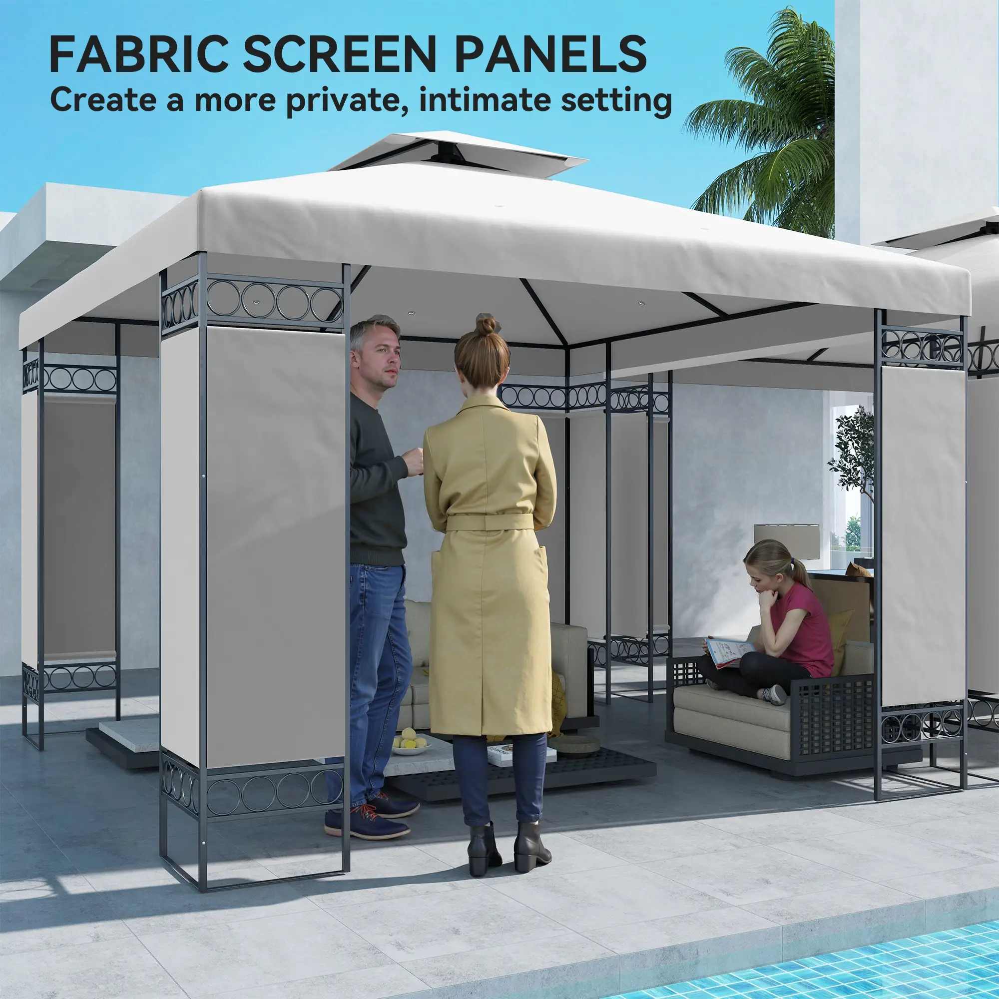 10x10 FT Canopy Gazebo, Double Roof With Screen Panels, Light Grey - Image 7