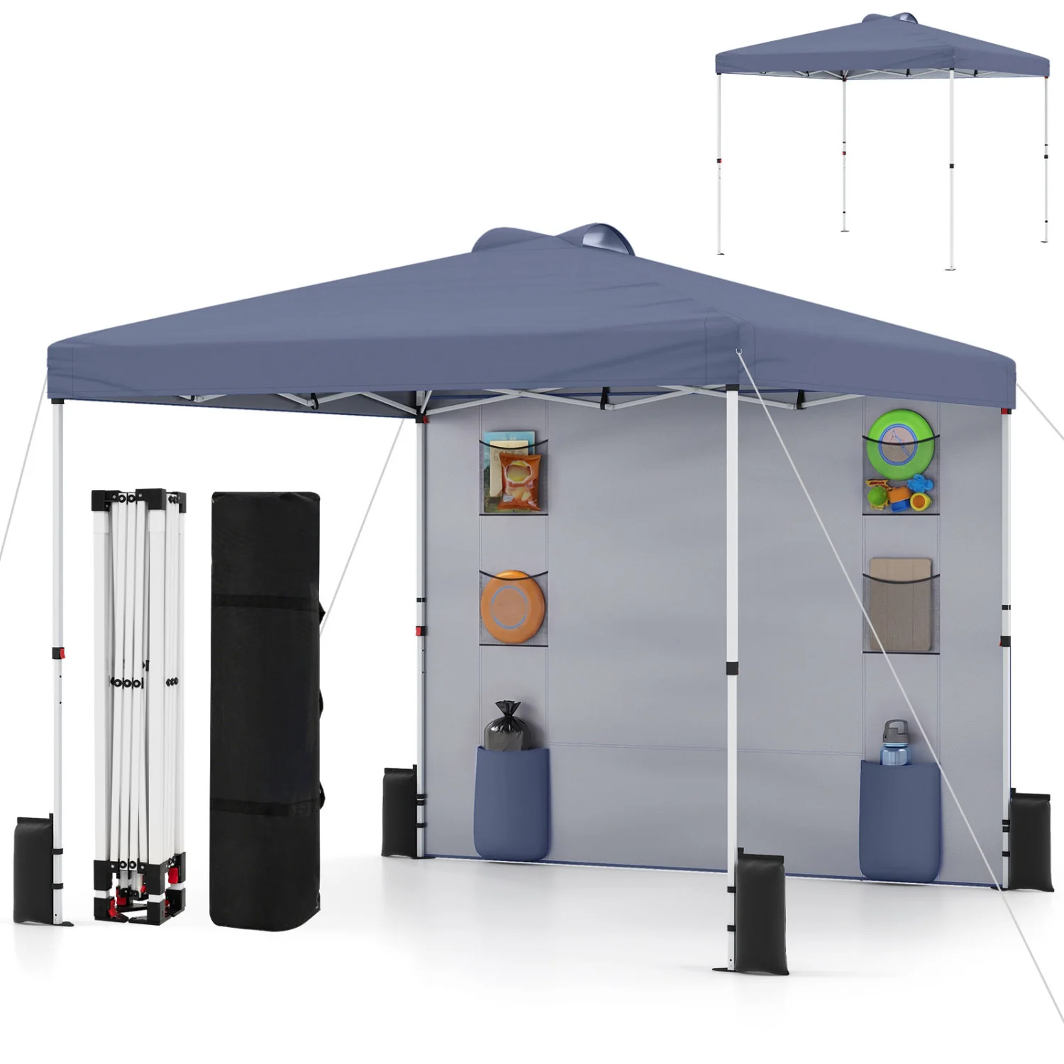 10x10 FT Pop Up Canopy Tent With Sidewall, 6 Pockets, Gray