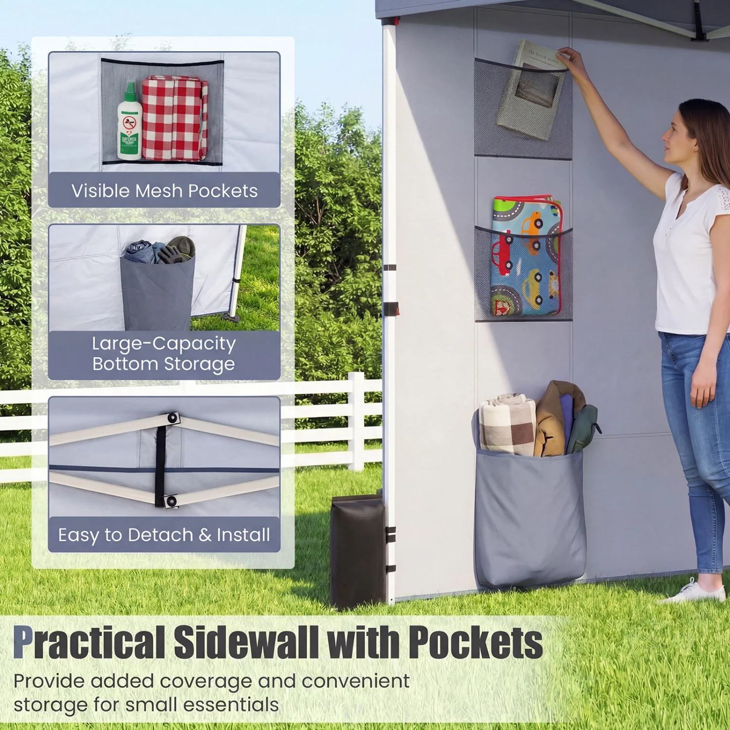 10x10 FT Pop Up Canopy Tent With Sidewall, 6 Pockets, Gray - Image 8