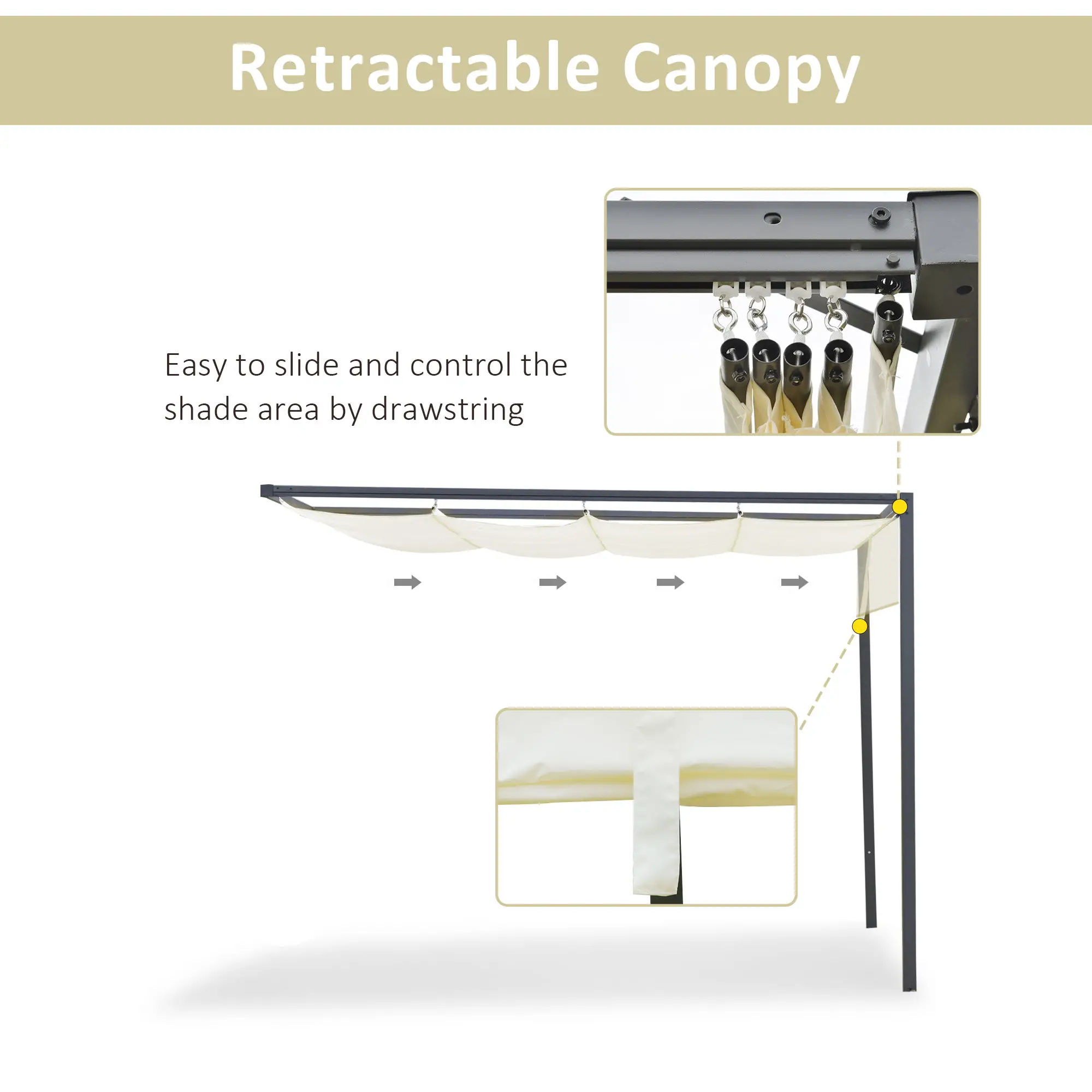 10'x10' Outdoor Pergola Gazebo, Retractable Canopy, Metal Frame, Cream White - Image 4