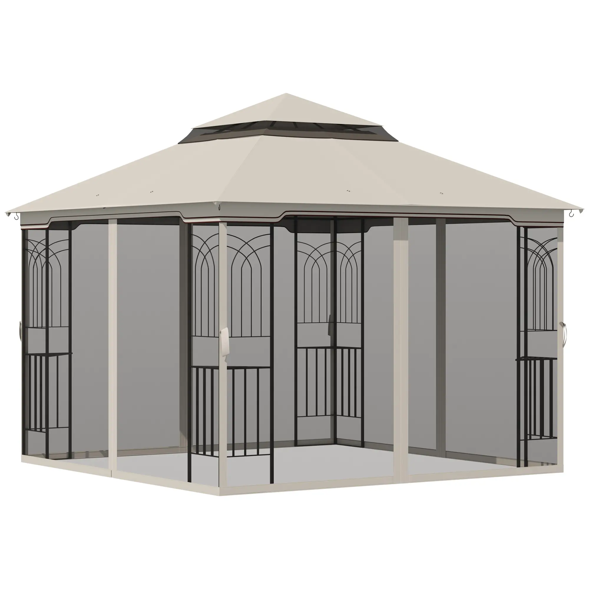 10'x10' Soft-Top Gazebo, Double Tier Roof, Mesh Curtains, Beige - Image 11