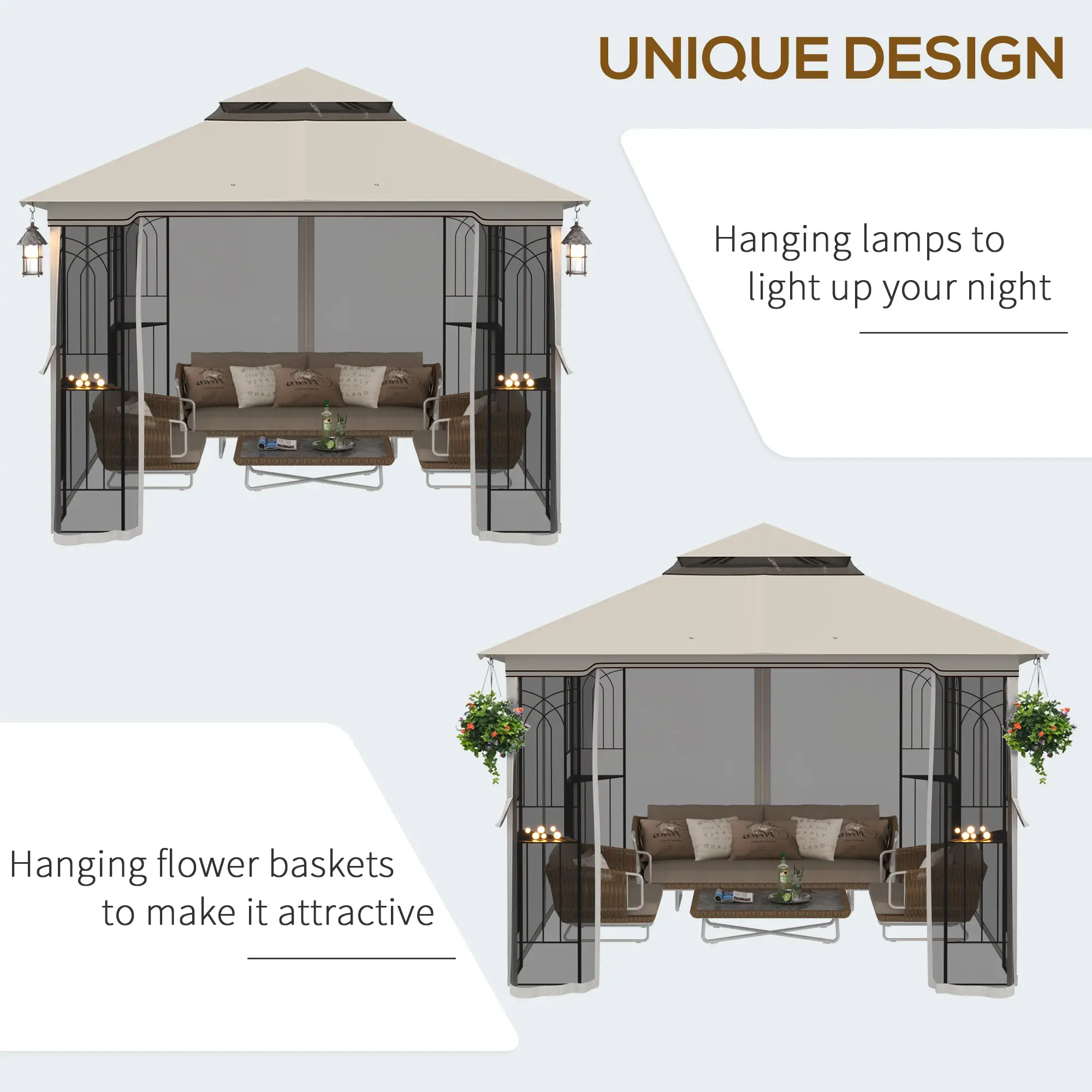 10'x10' Soft-Top Gazebo, Double Tier Roof, Mesh Curtains, Beige - Image 5