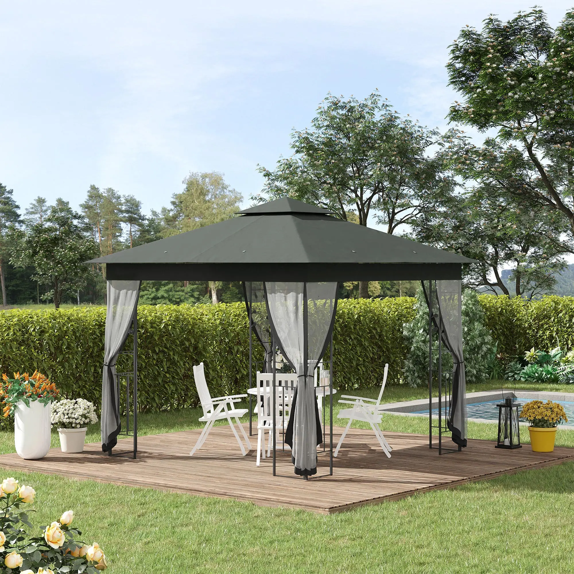 10'x10' Steel Patio Gazebo, Soft-Top, Polyester Roof, Grey - Image 2