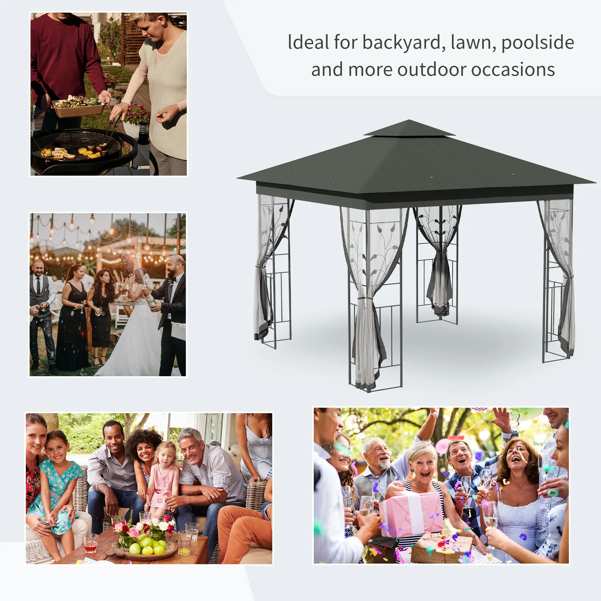 10'x10' Steel Patio Gazebo, Soft-Top, Polyester Roof, Grey - Image 7