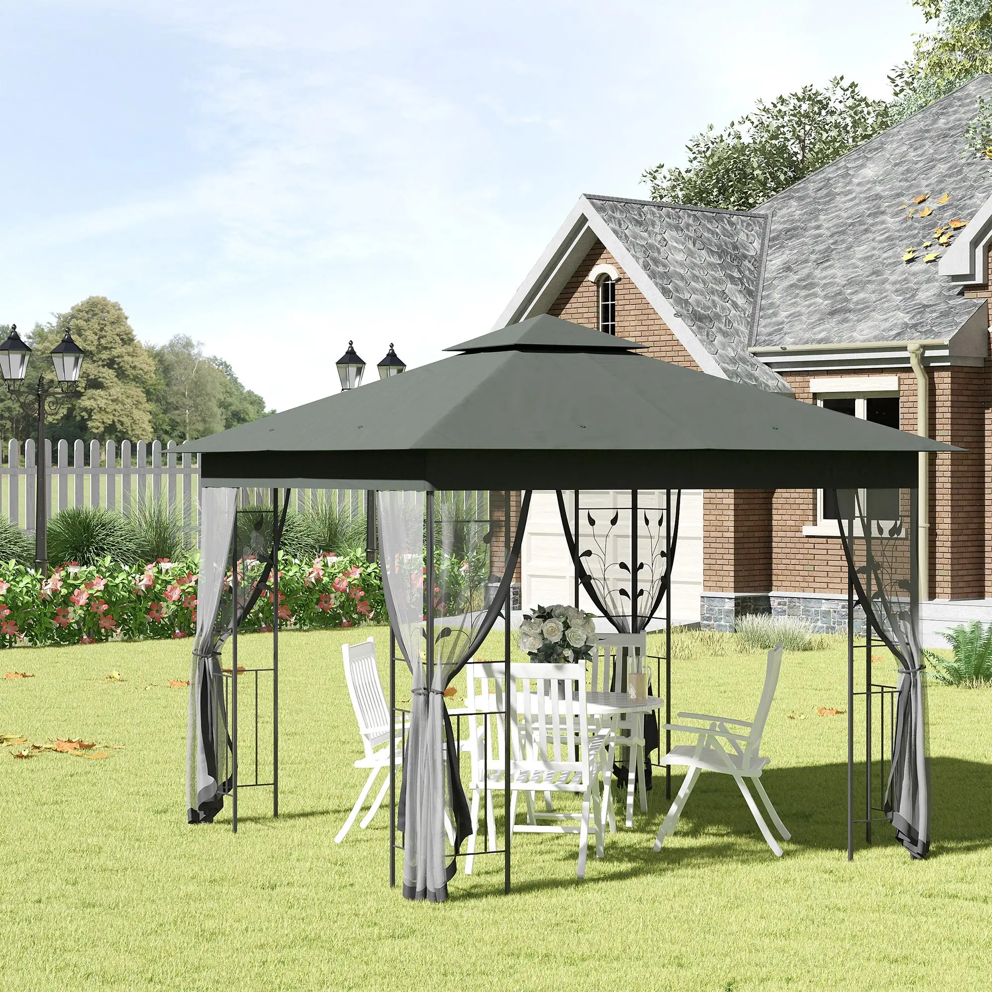 10'x10' Steel Patio Gazebo, Soft-Top, Polyester Roof, Grey - Image 8