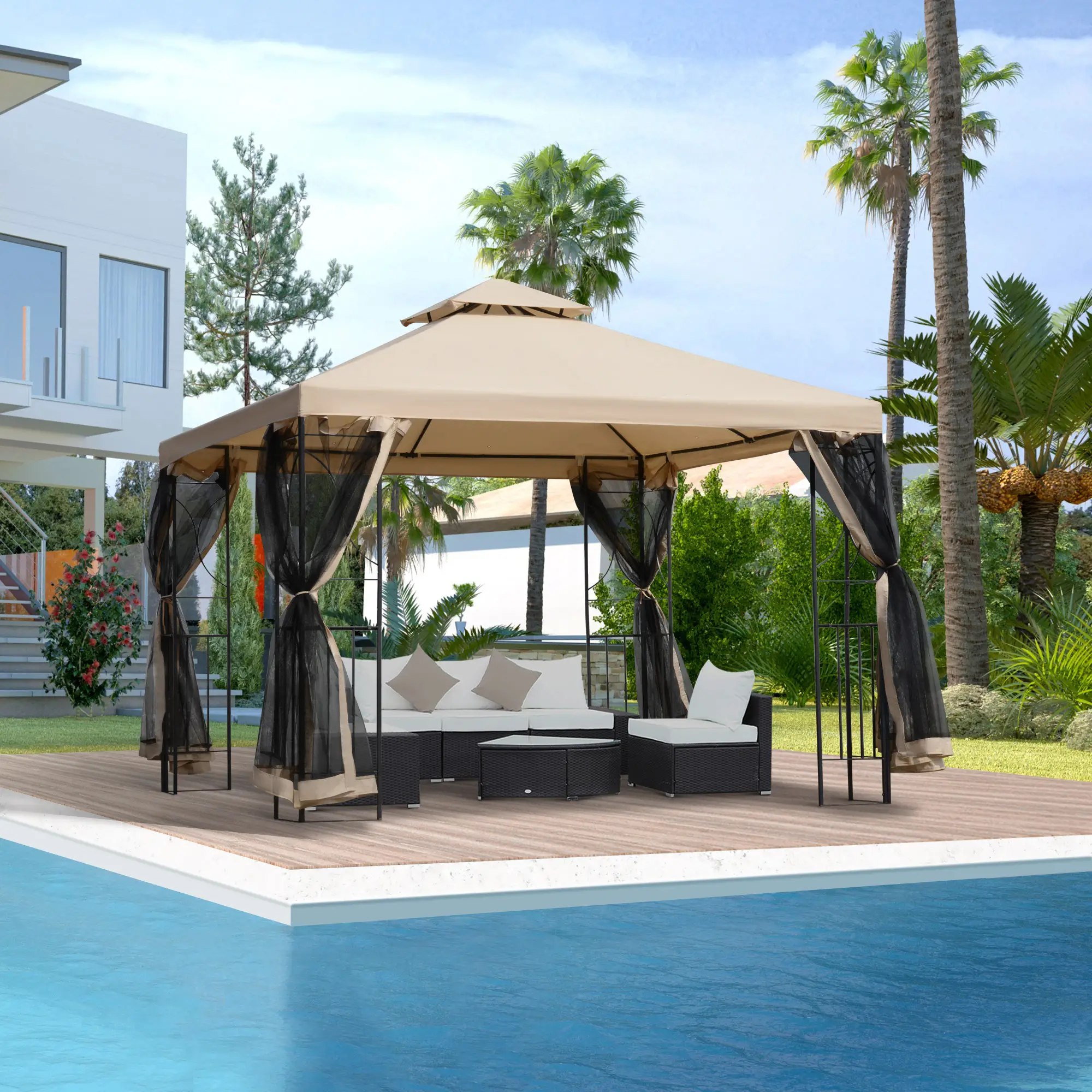10x10ft Outdoor Gazebo, Double Top Pavilion, Steel Frame, Mosquito Netting - Image 2
