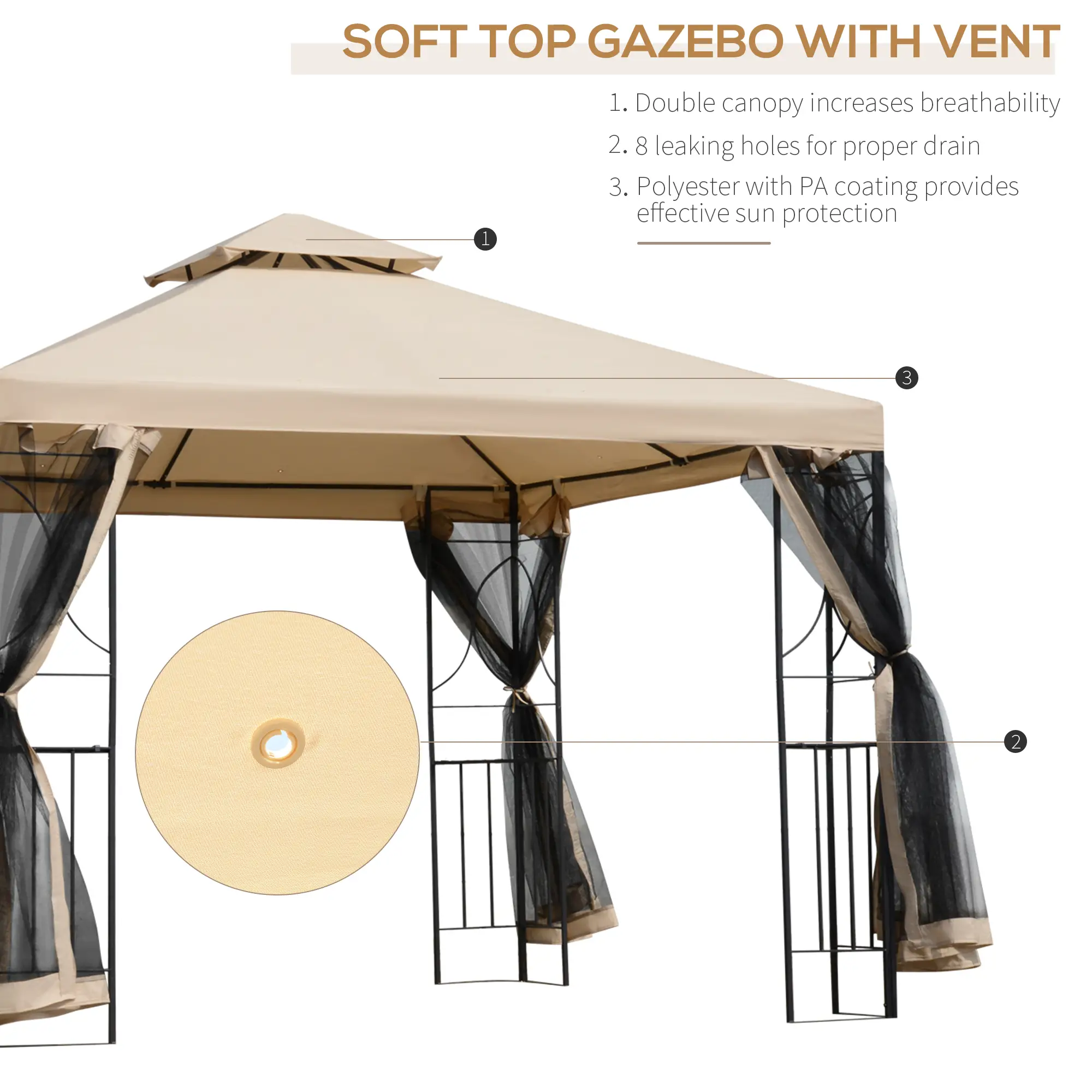 10x10ft Outdoor Gazebo, Double Top Pavilion, Steel Frame, Mosquito Netting - Image 4