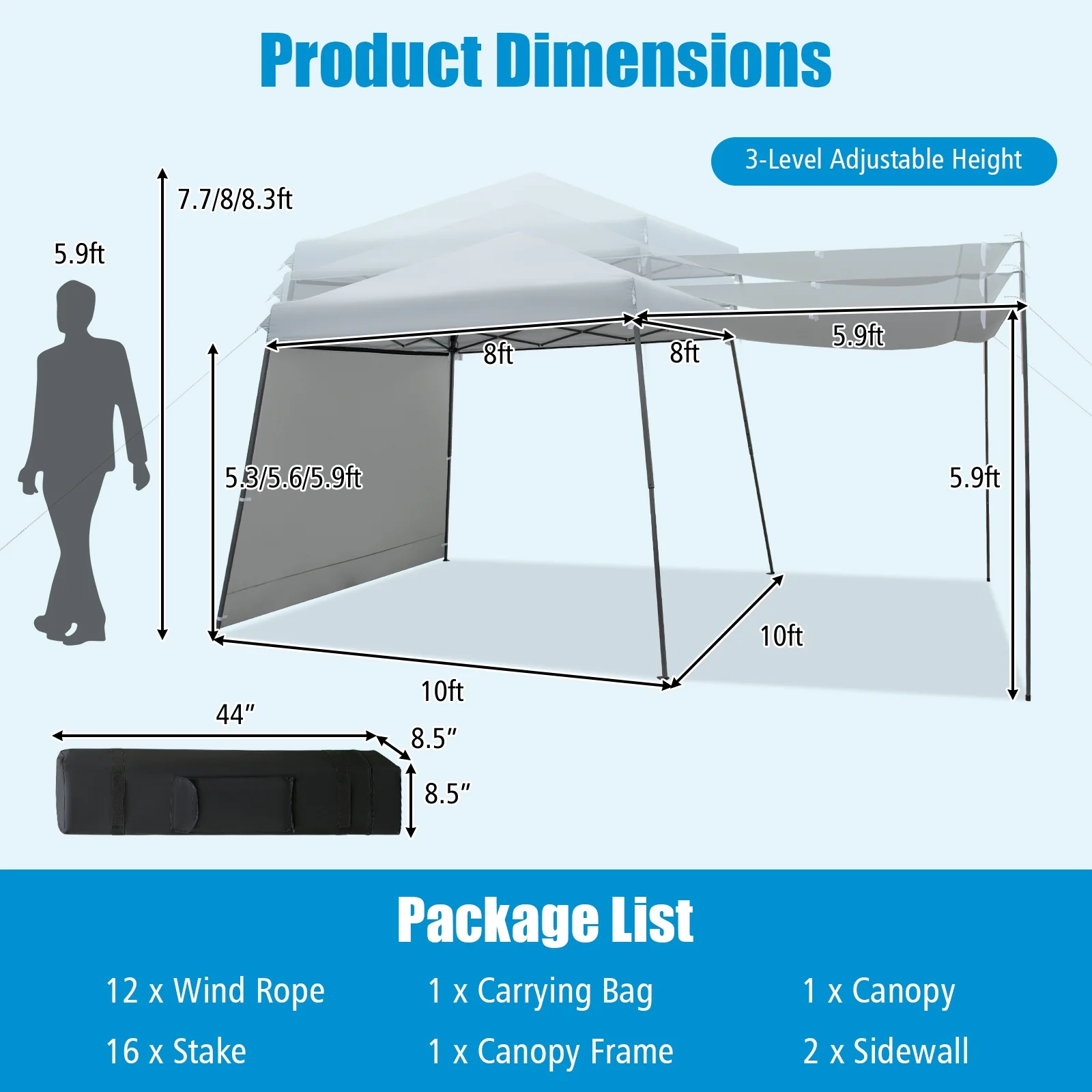 10x10FT Pop-Up Canopy Tent With Sidewalls, Awnings, Gray - Image 6
